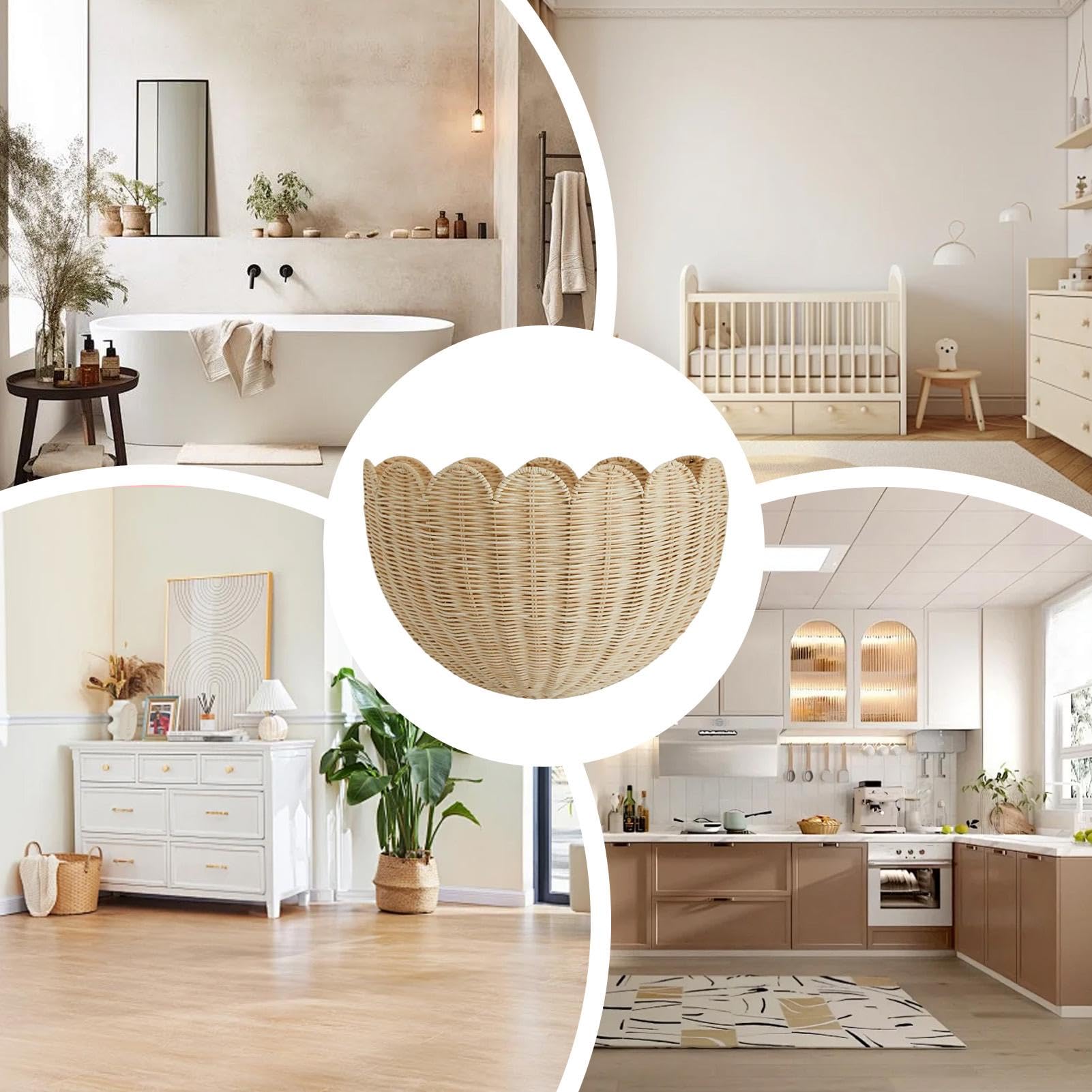 Cesta de pared festoneada, cesta tejida de mimbre, organizador decorativo de almacenamiento para el hogar, caja colgante de ratán tejida a mano, decoración de pared bohemia de granja