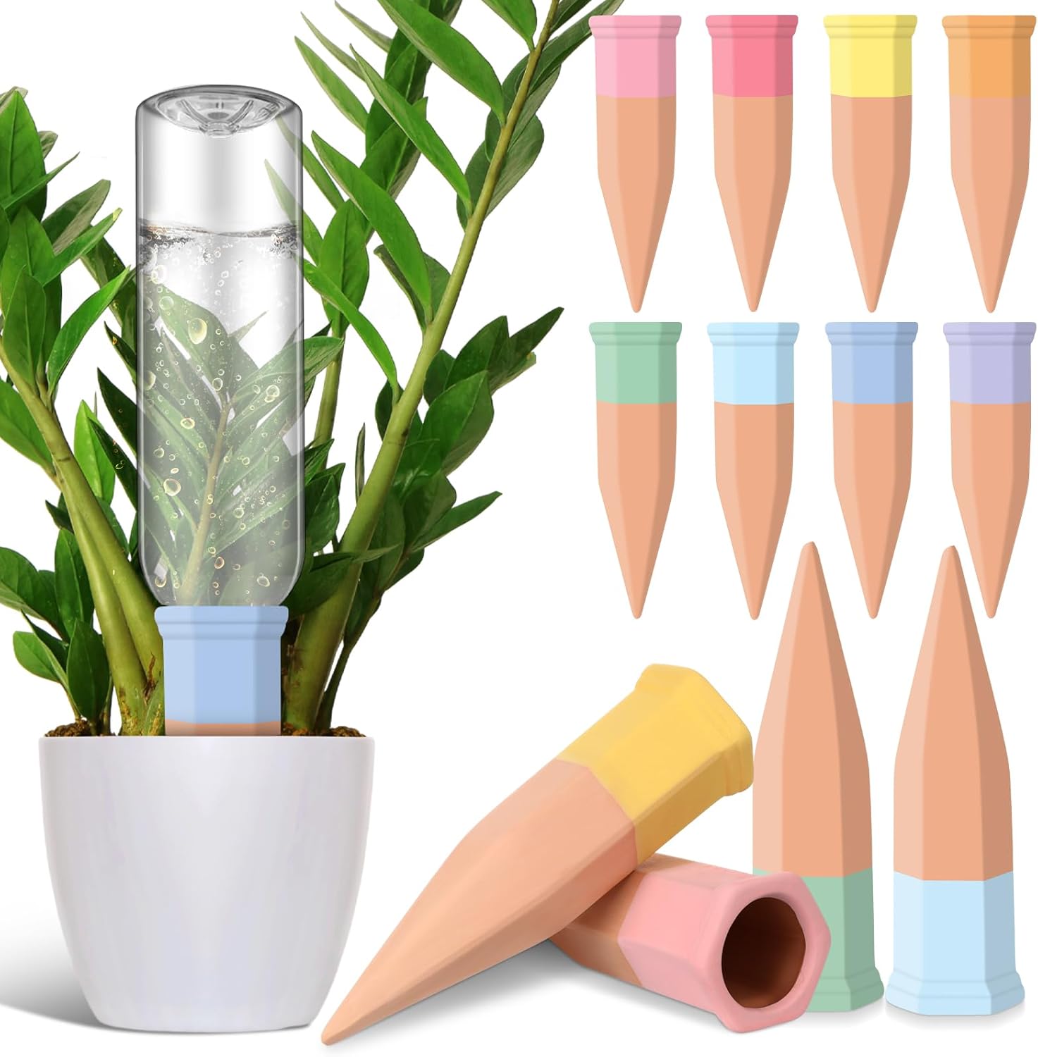 DoubleFill 8 Pcs Terracotta Plant Watering Spikes Self Watering Planter Insert Automatic Plants Waterer Devices 8 Colors Slow Release Stakes for Indoor Outdoor Vacation