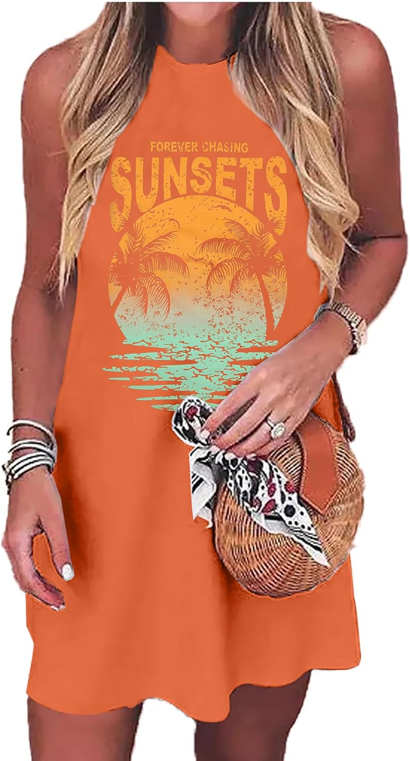Summer Sundress for Women Graphic Mini Tank Dress Sleeveless Beach Dresses Short Casual Sun Dresses Small Orange
