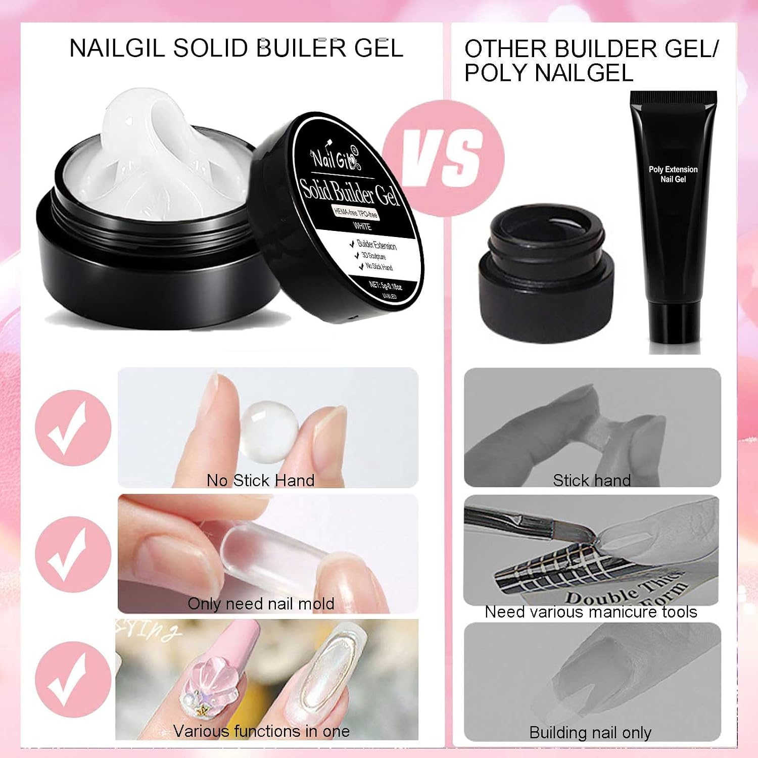 NAILGIL 3D Gel for Nail Art Hema Free, 6 Colors Solid Builder Sculpting Gel