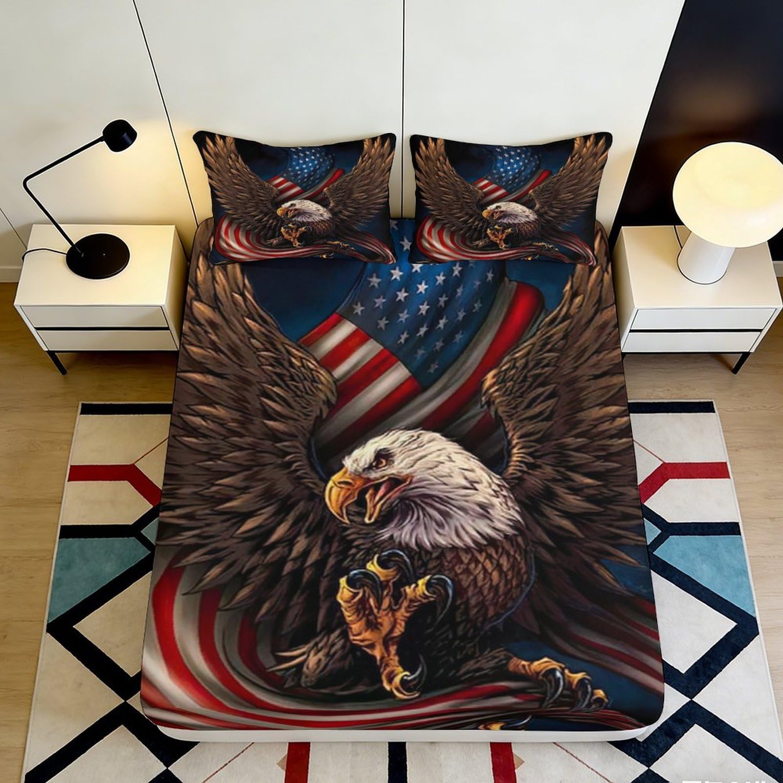 3D Printed American Eagle Fitted Sheet Microfiber Durable Soft Patriotic Flag Bed Cover for Bedroom Dorm Guest Room Mattress Protection 120x200x25cm