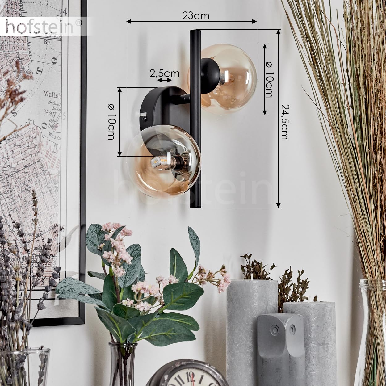 Wandleuchte Chehalis, Wandlampe aus Metall/Glas in Schwarz/Bernstein/Klar, Leuchte im modernen Retro/Vintage-Design m. Schirmen aus Glas (Ø 10cm) u. An/-Auschalter am Gehäuse, 2x G9, ohne Leuchtmittel