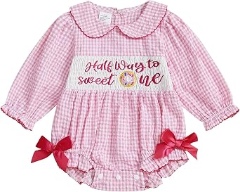Bagilaanoe Half Birthday Outfit Baby Girl Half Way to Sweet ONE Donuts Short/Long Sleeve Romper Smocked Bubble Clothes