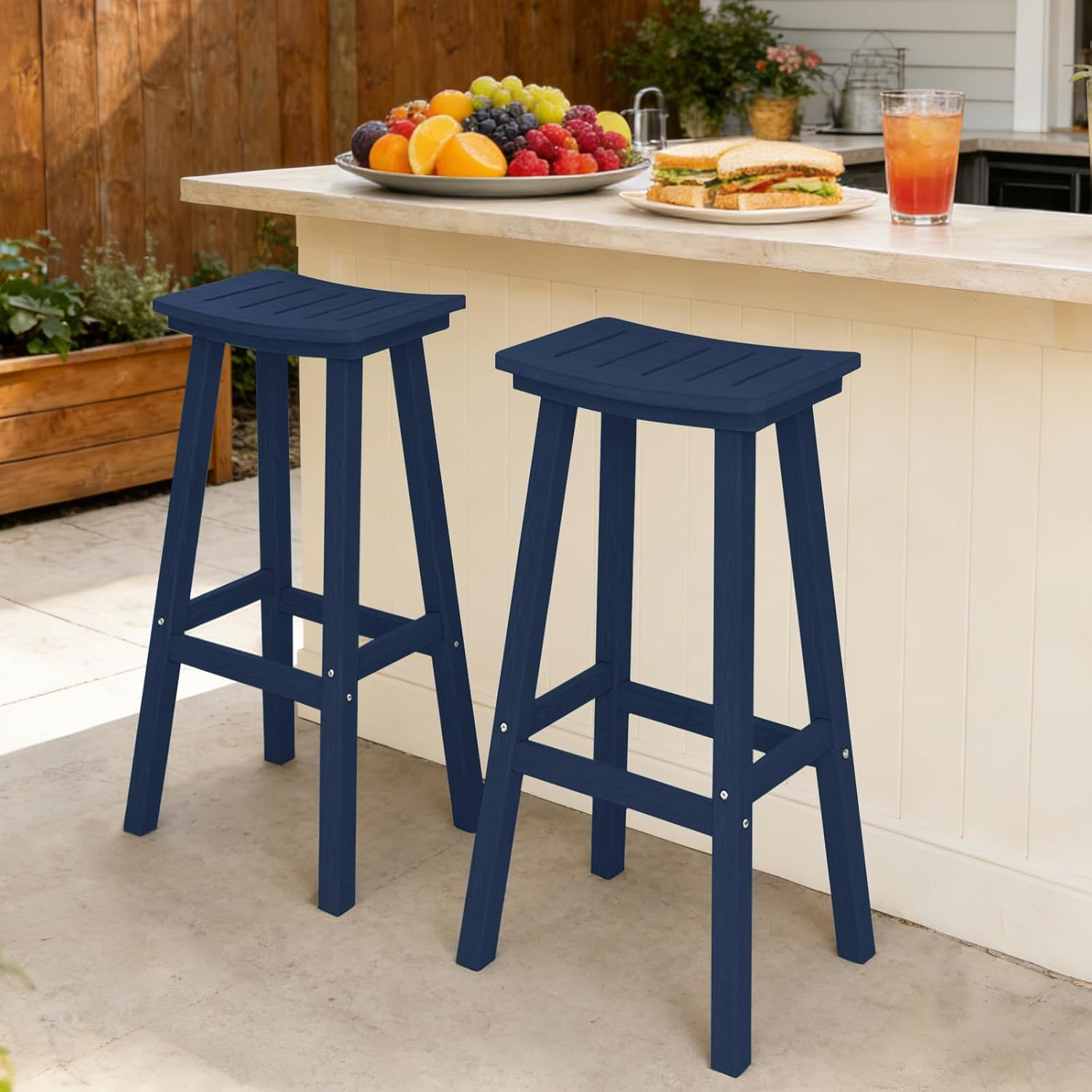 Outdoor Bar Stools Set of 2, 29 Inch All-Weather HDPE Bar Height Chairs, 500lbs Heavy Duty Patio Stools with Saddle Seat for Pub Table, Deck, Backyard (Navy Blue, 2 Pcs 29")