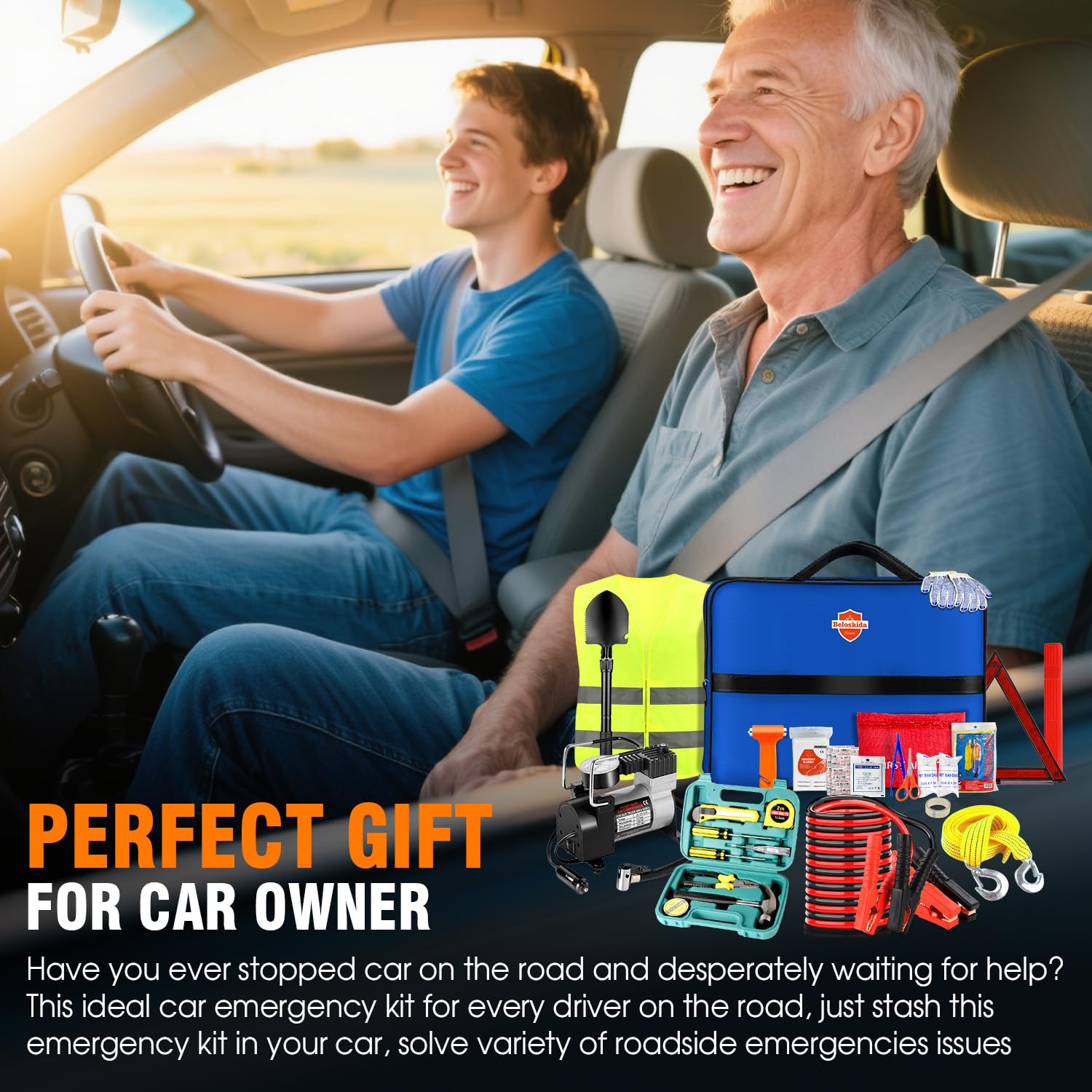 Emergency Car Kit,Roadside Emergency Tool Kit for Vehicle Truck with Air Compressor Jumper Cable First Aid Kit,Winter Auto Road Side Kit Women Men Car Travel Safety Assistance Survival Essentials Kit