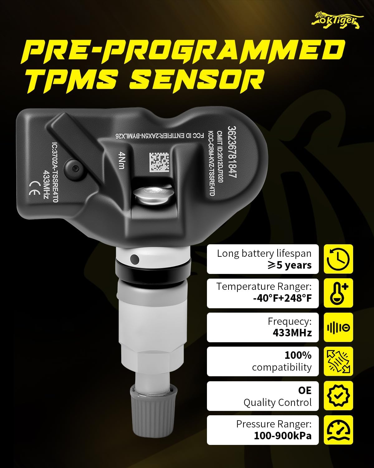 Oktiger 433MHz TPMS Sensor Pre-Programmed Fit for BMW 120i, 125i, 128i, 130i, 135i, 325i, 330i, 525i, 528i, 530i, 650i, 750i, M5, M6, X3, X5, X6, Z4, for Rolls Royce, for Mini Cooper, OE#36236781847