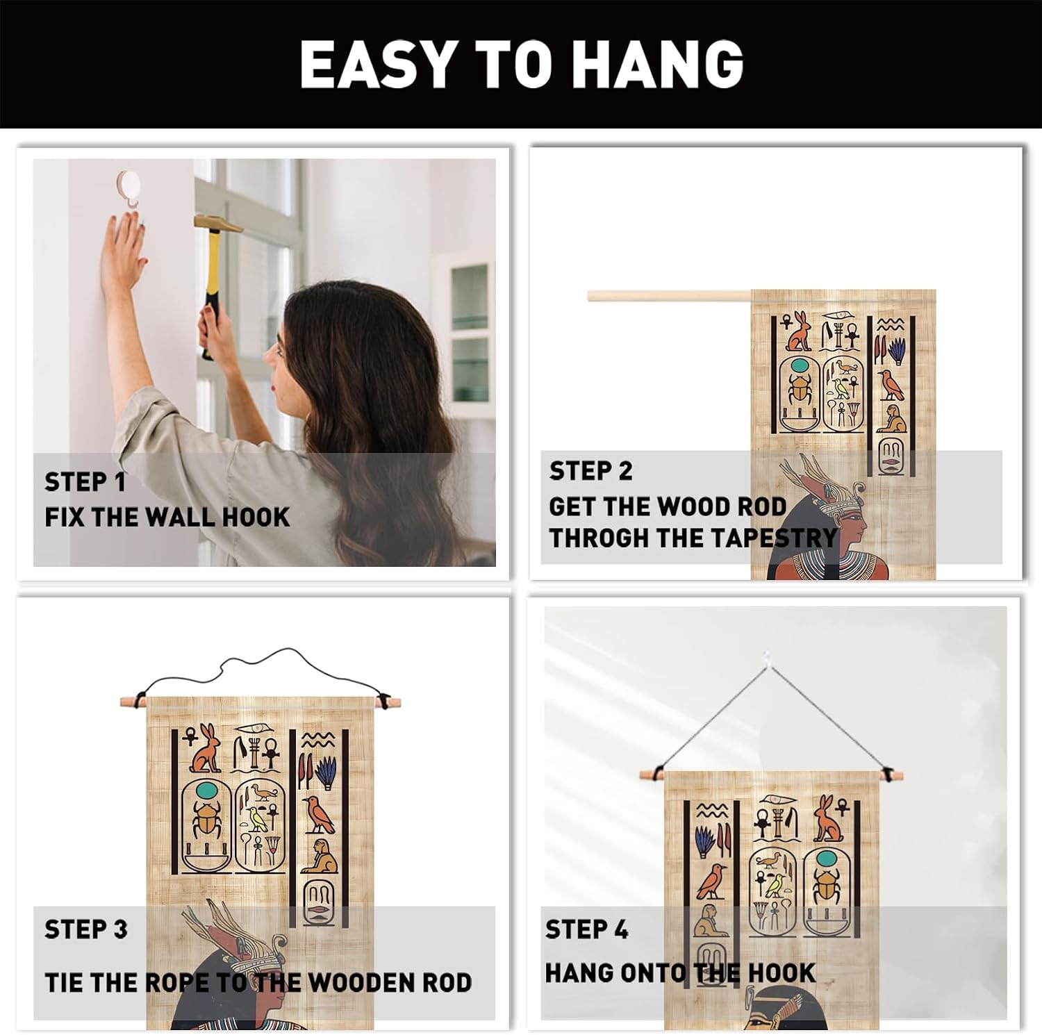 PLIGREAT 2 Pack Egyptian Murals Wall Tapestry Ancient Egyptian Retro Style Wall Hanging with Tassels Decorative Aesthetic Vertical Tapestry for Bedroom Living Room Home Decoration, 52 x 13 Inch image 4