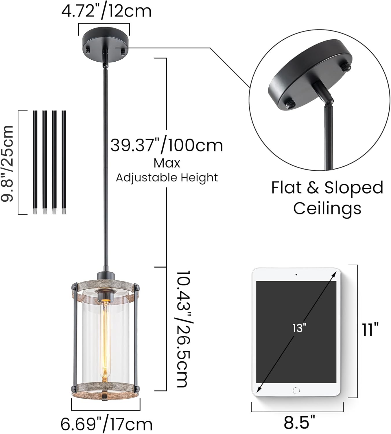 Farmhouse Pendant Lights Kitchen Island with Wood Texture Metal Cage and Clear Glass Shade, Adjustable Hanging Industrial Pendant Light, Kitchen Pendant Lighting for Island Bathroom Over Sink Hallway