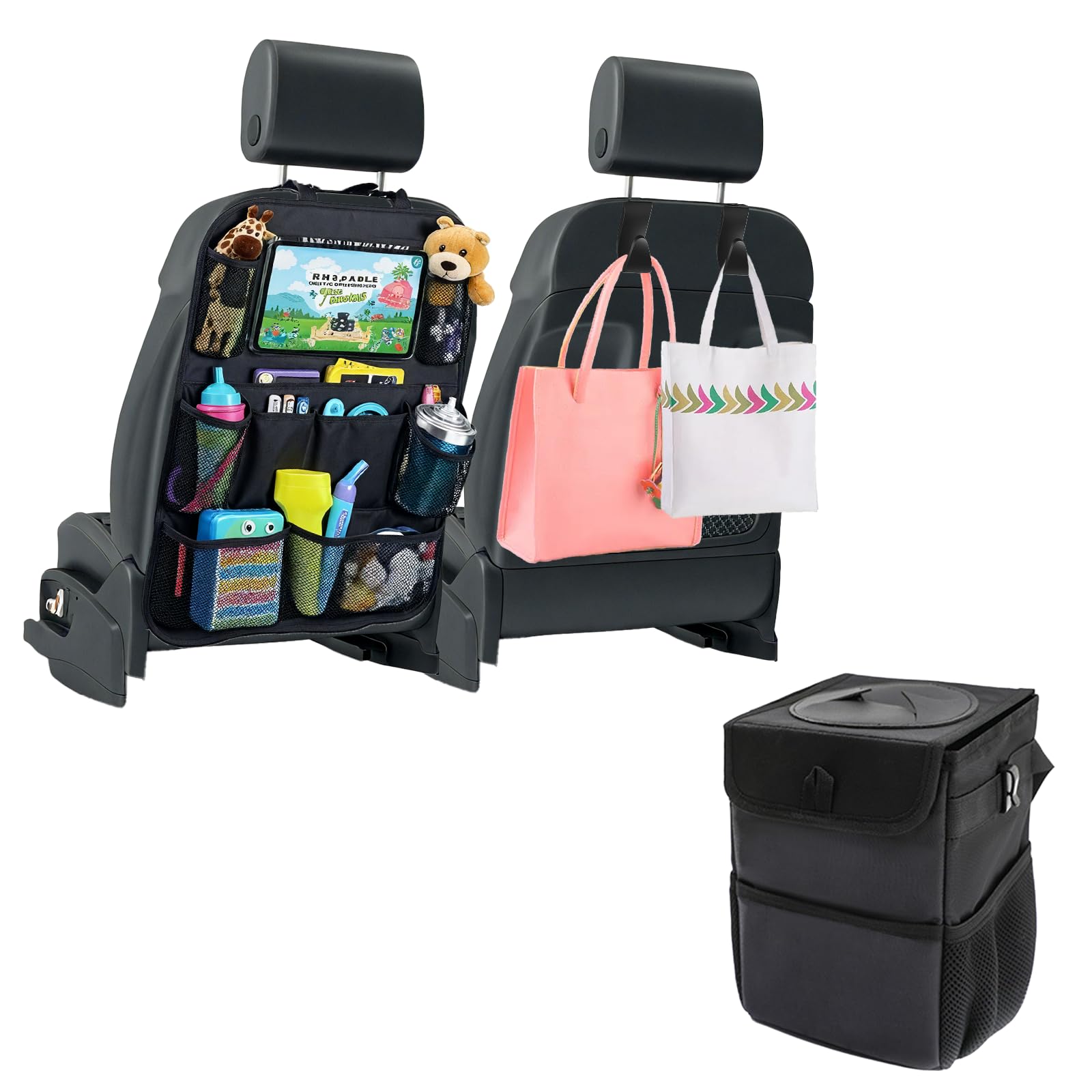 Cubo de basura para coche impermeable de tres piezas con tapa protectora y ganchos rígidos