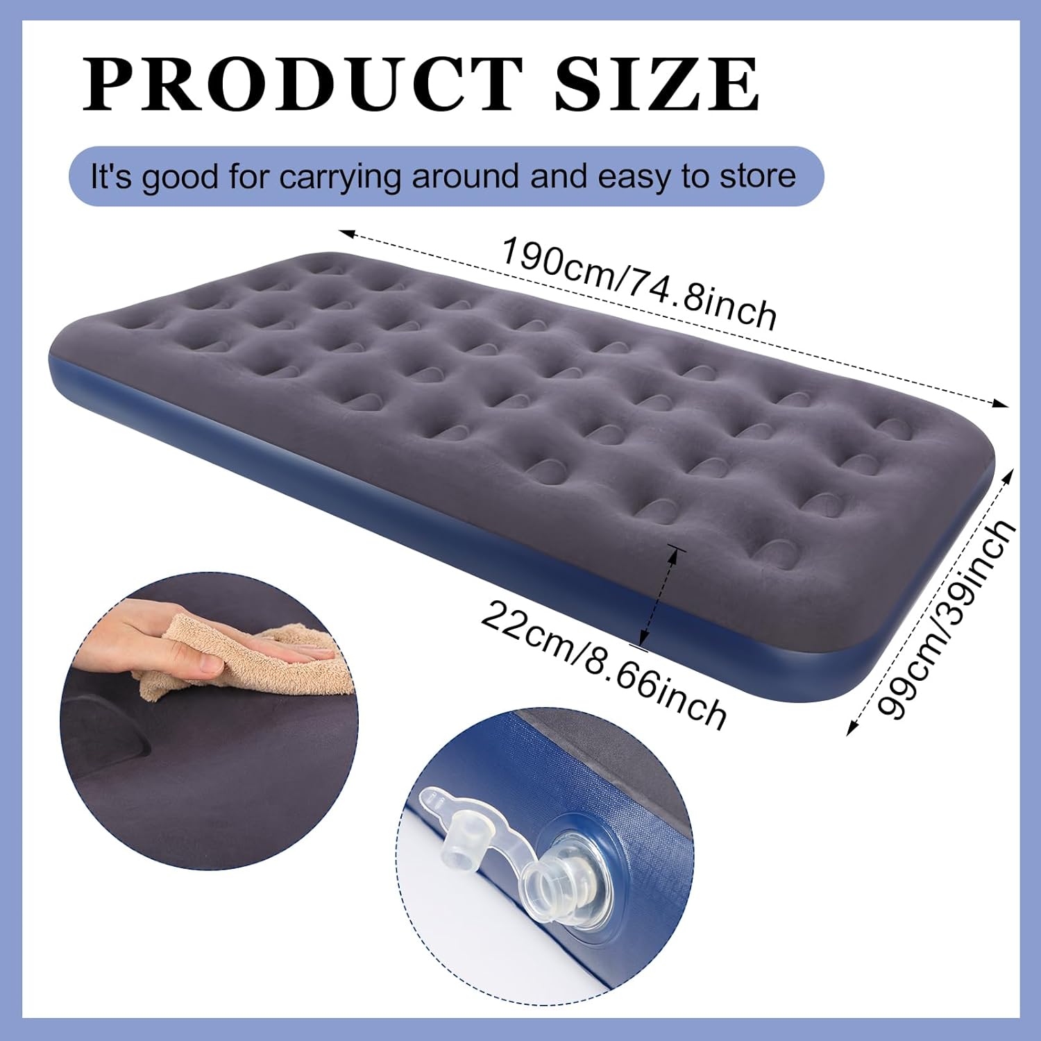 Geetery 2 Pcs Large Air Mattress for Adult 75 x 39 x 8.7 Inch Inflatable Sleepover Airbed Twin Size Foldable Flocked Blow up Bed with Patch Portable Air Mattress for Home Travel Camping Tent Party