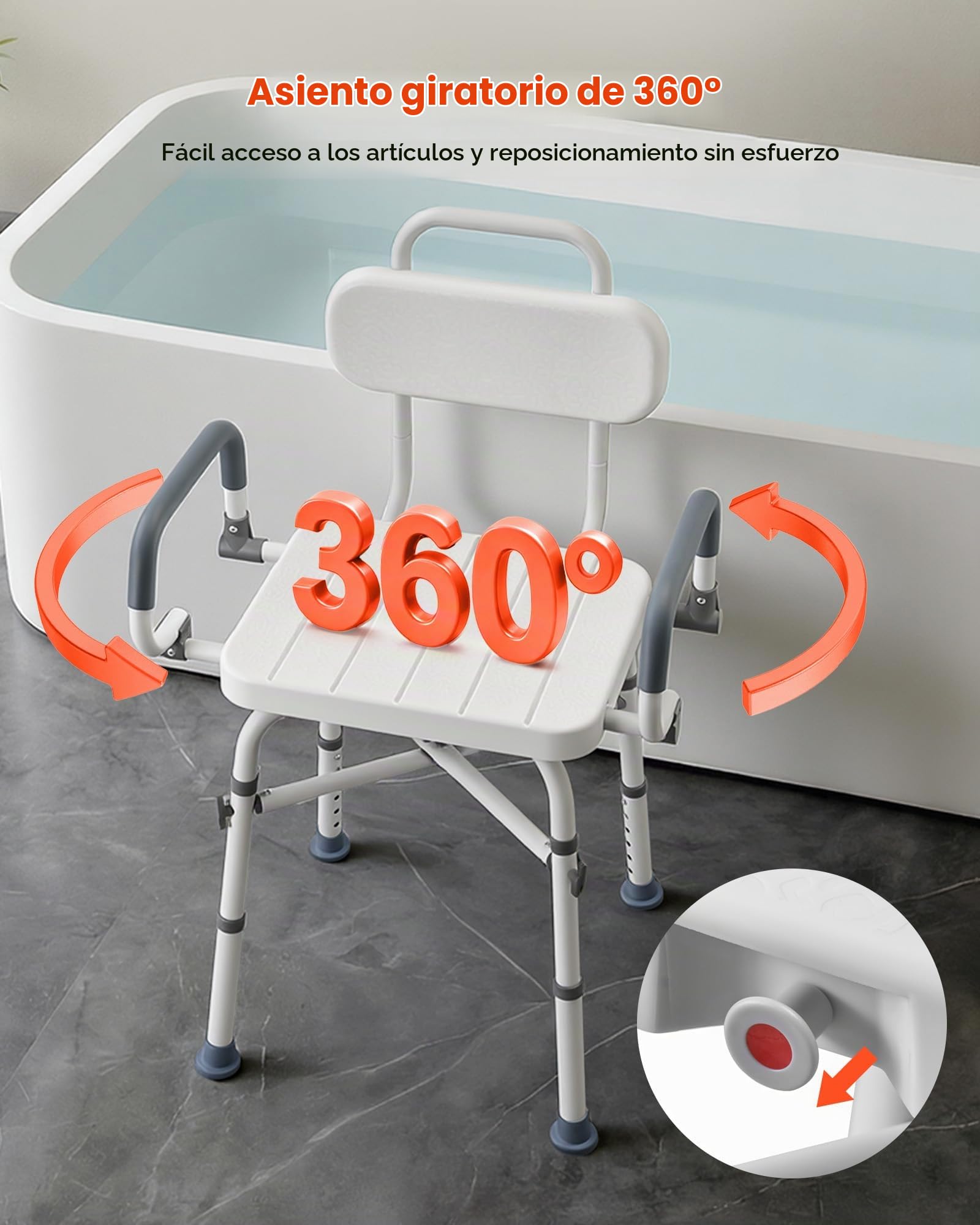 VEVOR Silla de Bañera con Asiento Giratorio, Brazos y Respaldo, Carga de 226 kg, Altura Ajustable de 415 a 540 mm, Asiento de Bañera para Adultos, Personas Mayores, Personas con Discapacidad