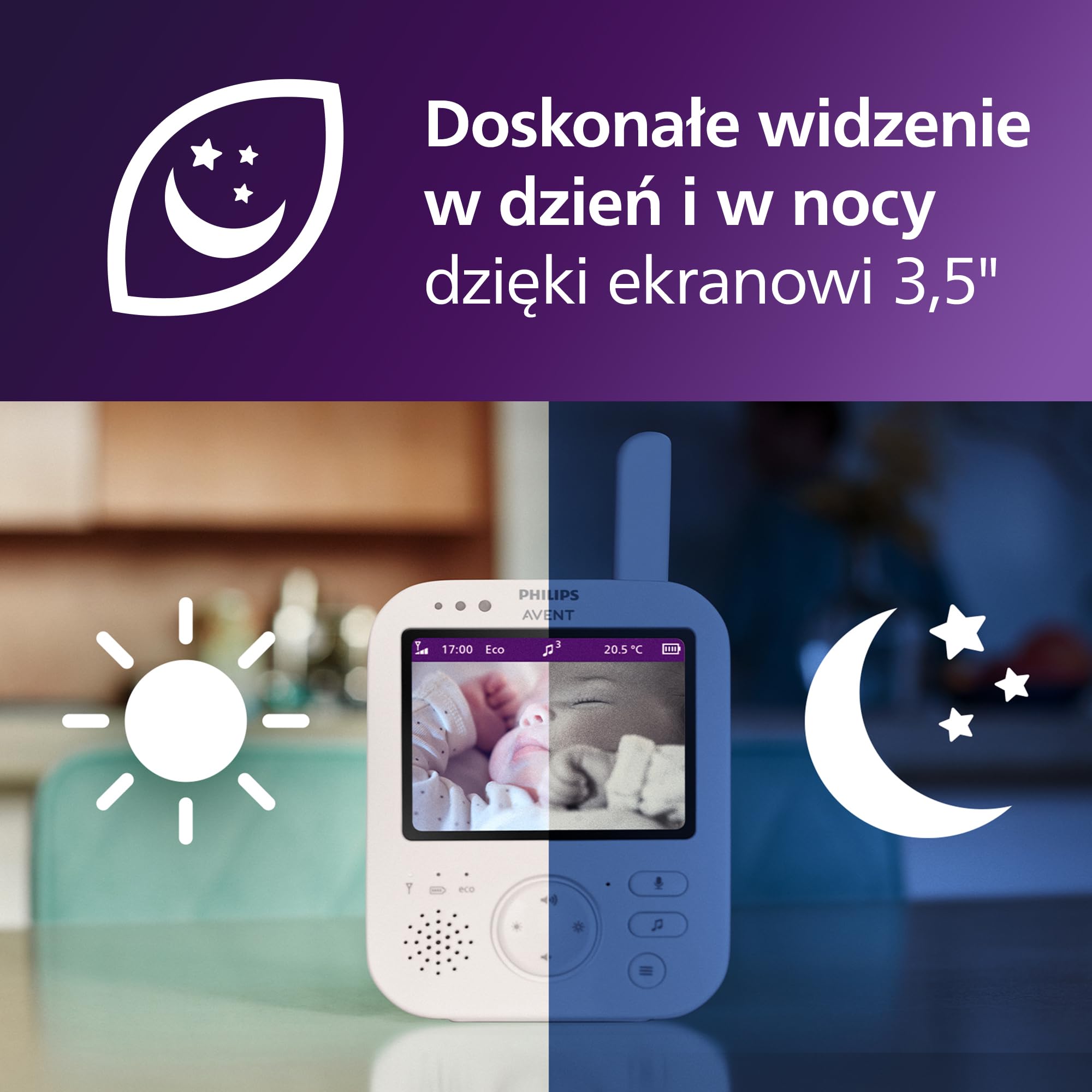 Niania Video Philips Avent Premium z obrazem i dźwiękiem, Certyfikat DEKRA, biała, wyświetlacz 3,5″, 4x powiększenie, tryb noktowizyjny, 2-kierunkowy dźwięk, kołysanki, temperatura, SCD891/26