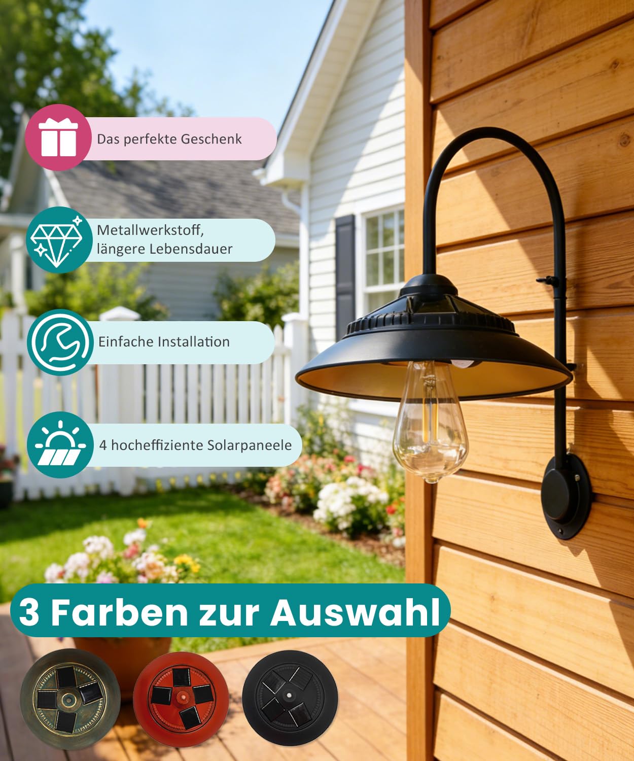 Metall Solarlampen für Außen Garten mit Bewegungsmelder 3 Modi Schwarz | Wasserdichte Vintage Deko mit LED Solarleuchten, Scheune Lampe, Wandleuchte für Garten Balkon Terrasse, Geburtstagsgeschenke
