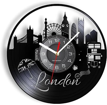 12 Inch Wall Clock London Cityscape Wall Clock Made of Vintage Vinyl Record The UK Metropolis City of Fog Skyline Wall Watch Artwork Decor for Vintage Room Decoration