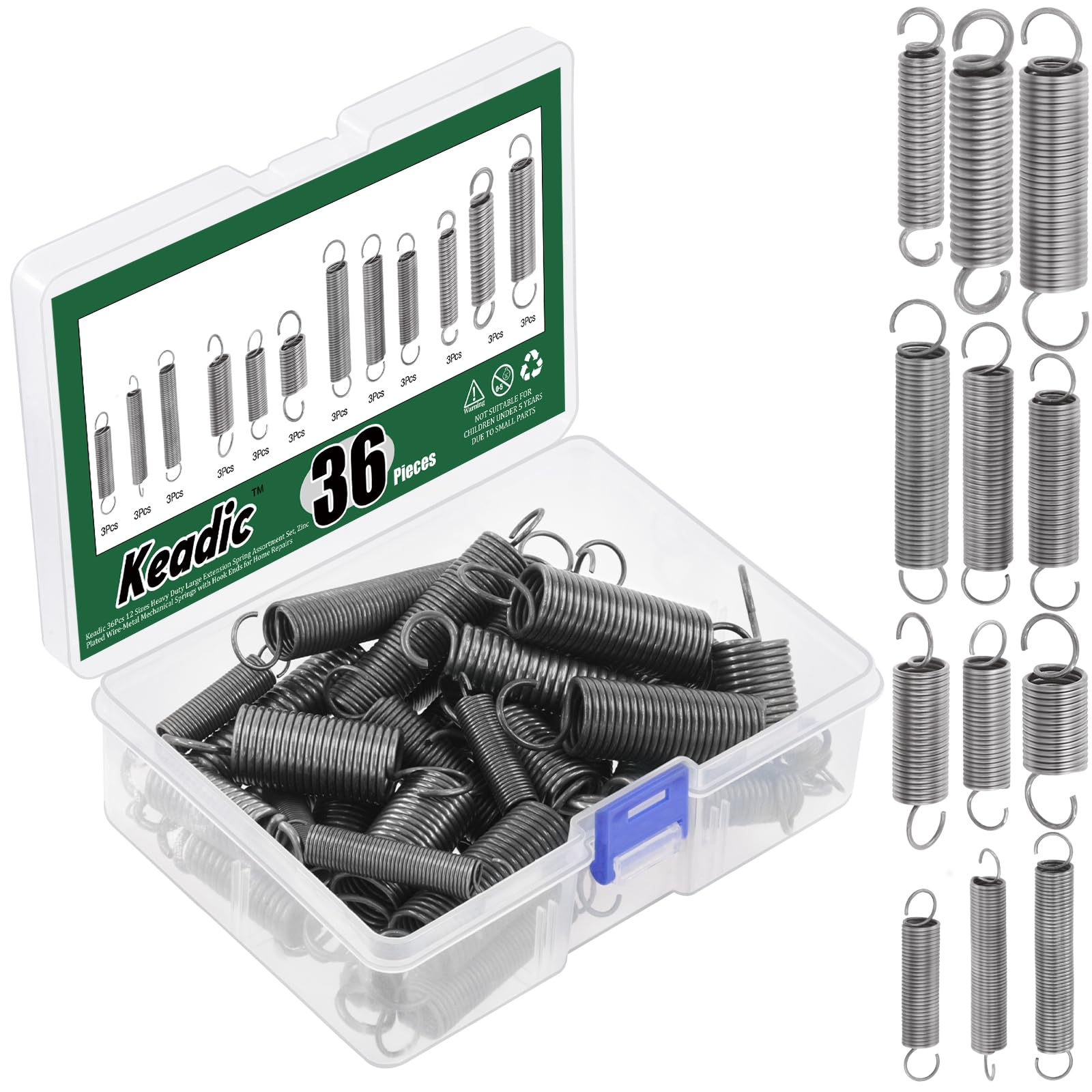 Keadic 36Pcs 12 Sizes Heavy Duty Large Extension Spring Assortment Set, Zinc Plated Wire-Metal Mechanical Springs with Hook Ends for Home Repairs