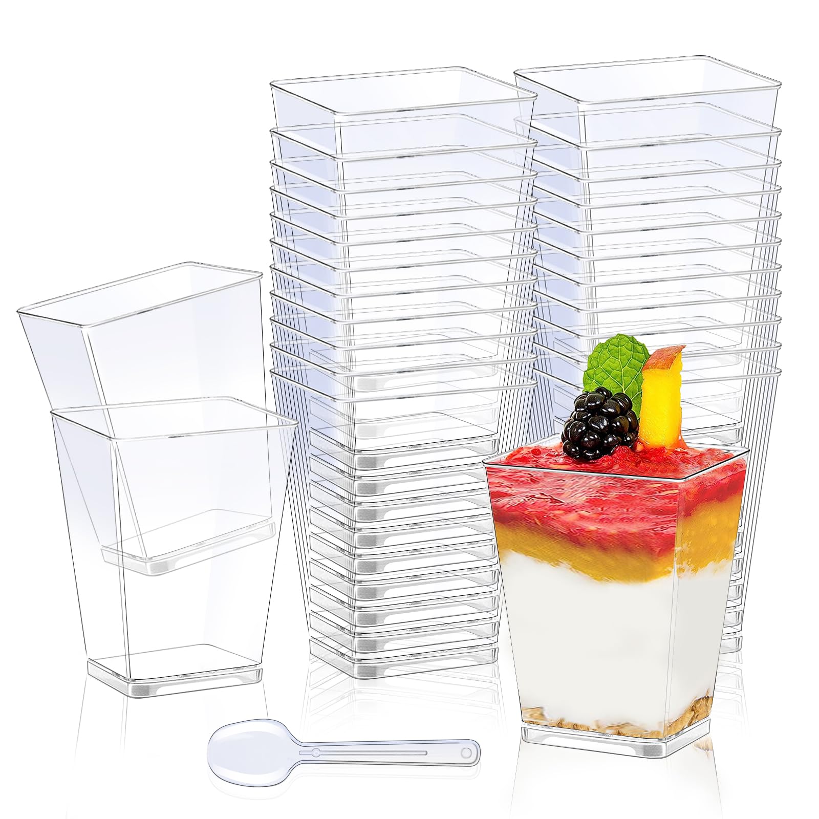 50 Bicchieri Dessert 150 Ml Con Coperchio E Cucchiaio - Riutilizzabili Per Mousse, Gelato, Festa