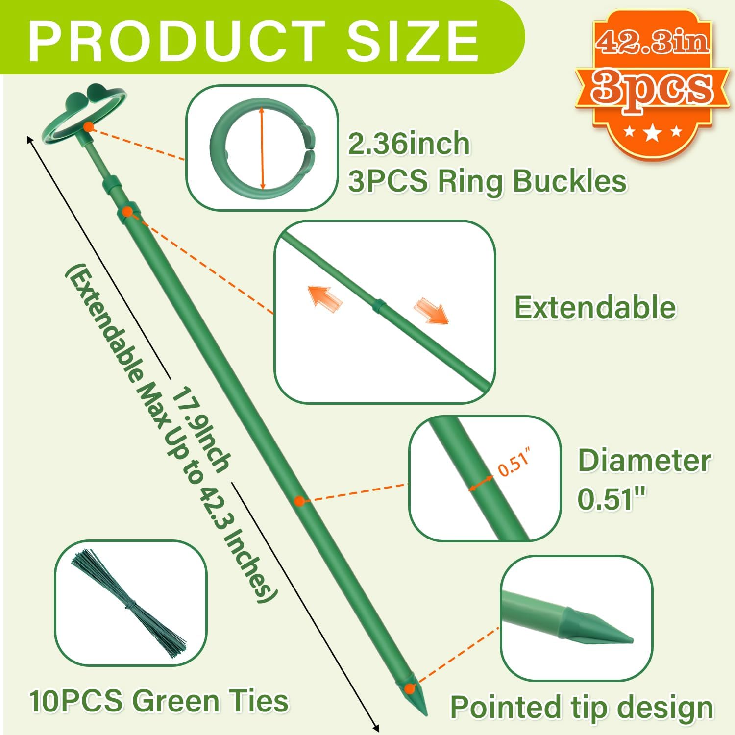 Extendable Monstera Plant Stakes, Support Sticks with Clips 3 Pack image 2