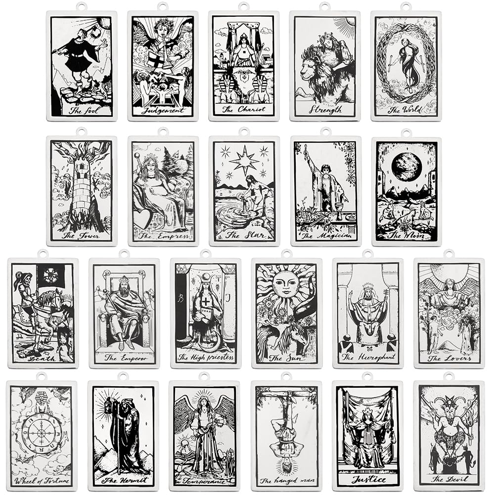 SUNNYCLUE1 Box 22Pcs Tarot Charms Bulk Tarot Card Charm Rectangle Antique Silver Magic Stainless Steel Astrology Divination Charm for jewellery Making Charms DIY Supplies Bracelet Necklace Accessory