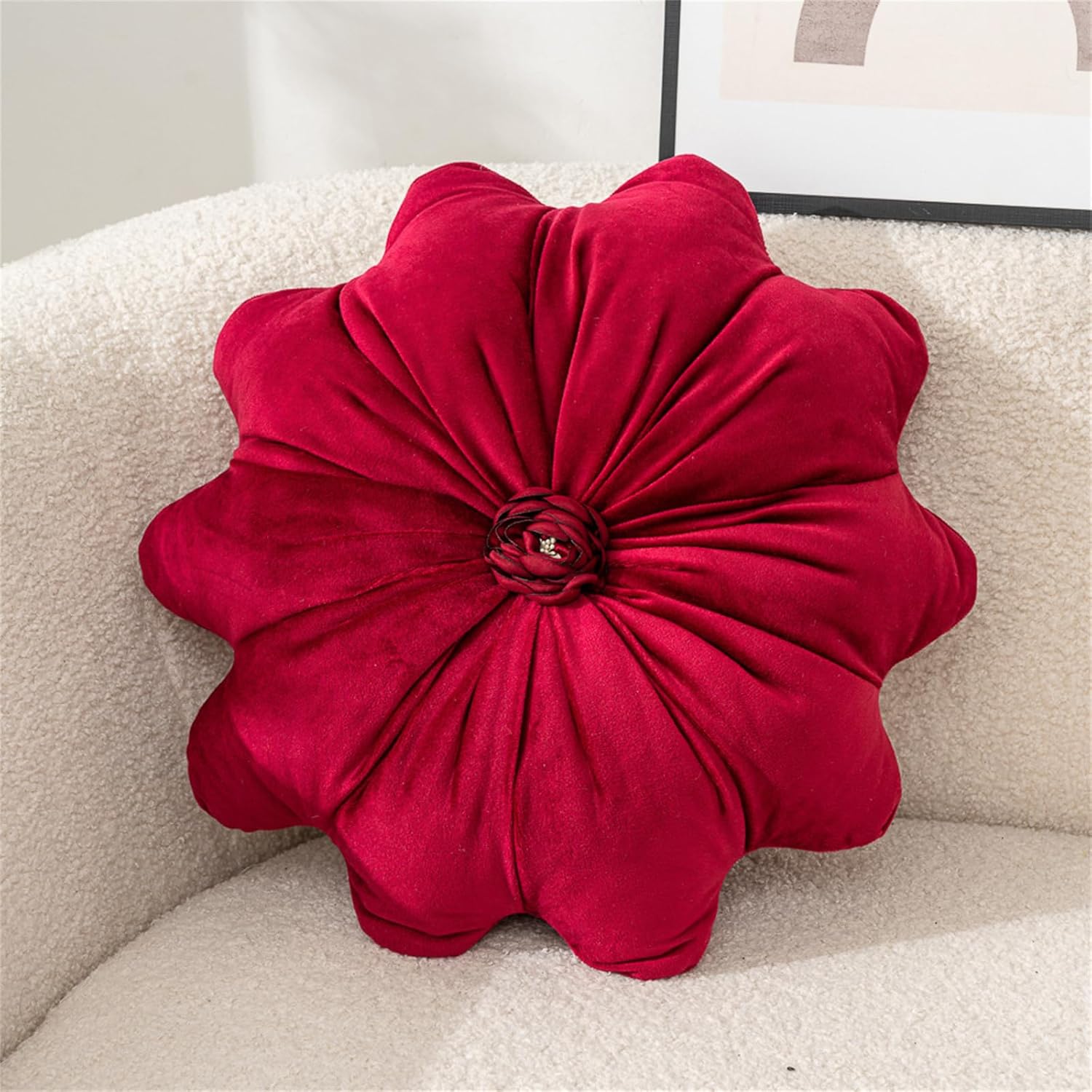 15.7" Flower Throw Pillow Soft Velvet Red Sofa Pillows Flower Shaped Decorative Couch Chair Pillow Cushion for Living Room Bedroom Farmhouse