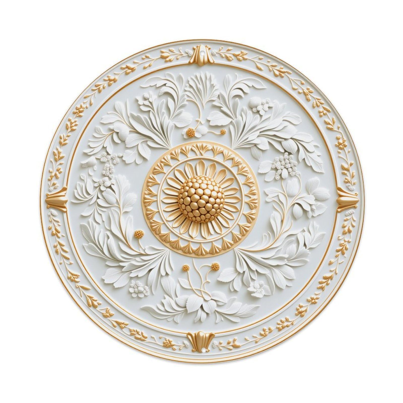 Golden Floral Center With White Leaves And Gold Accents Round Vintage Tin Sign,Retro Wall Art,Metal Poster for Home, Bar, Garage, Cafe, Rustic Indoor & Outdoor Decor, 8x8 Inches