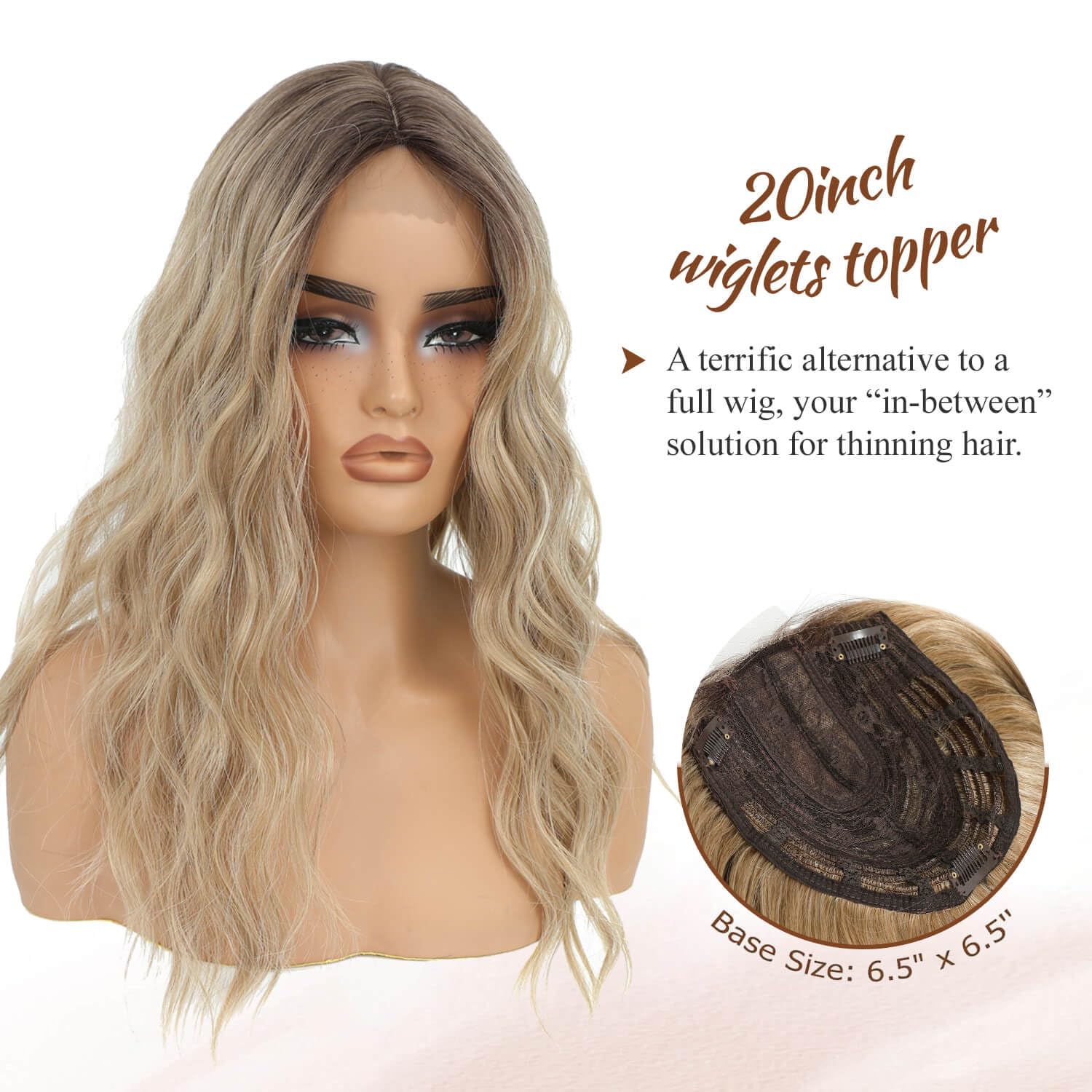 20 Inch Long Wavy Curly Hair Topper with Clip-in Bangs for Thinning Crown Amazon.com : UDU Hair Topper 20inch Ombre Highlight  main image 3