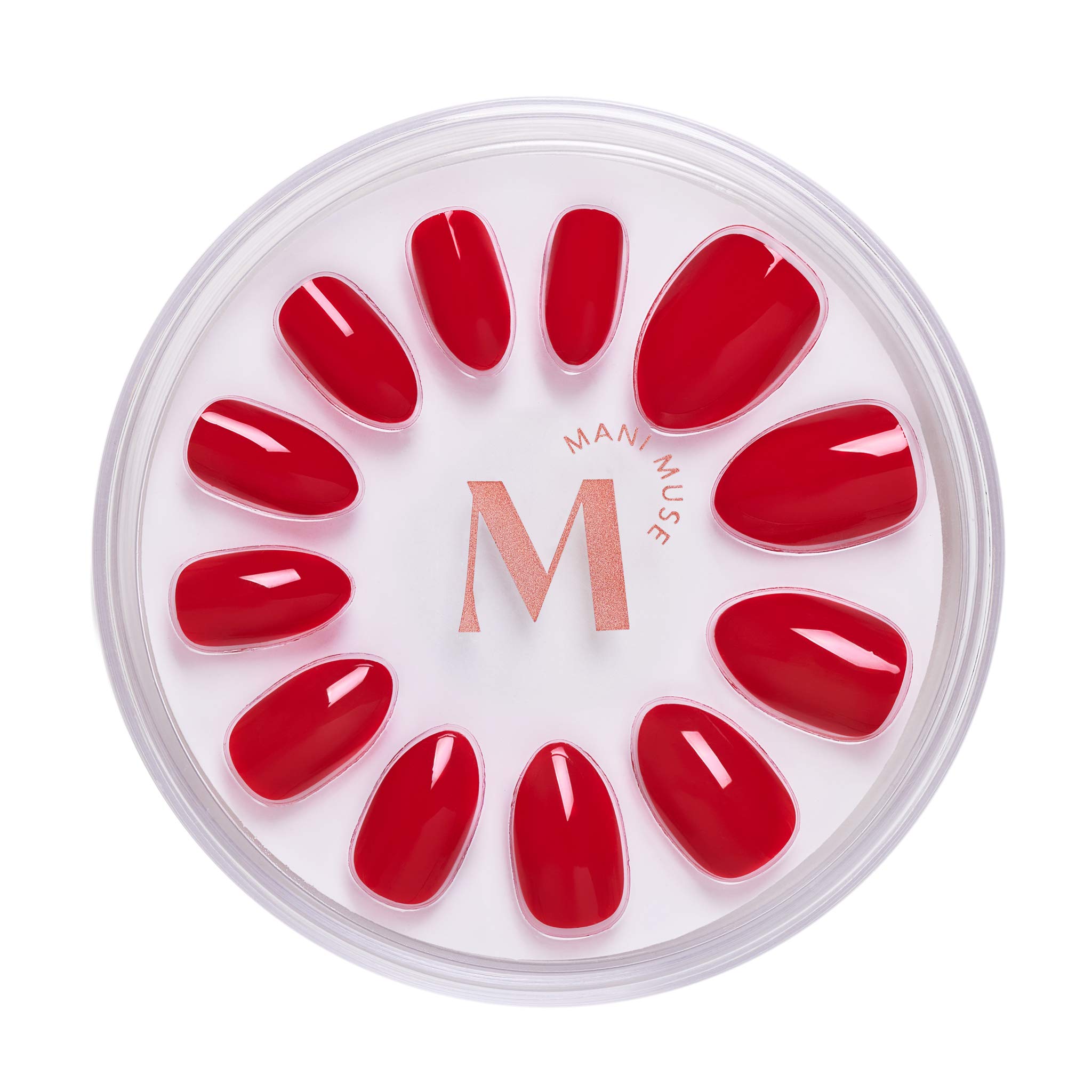 Mani Muse Red Press-On Nails – 30 Reusable, Long-Lasting Glue-On Short Almond Nails for Salon-Quality Home Manicure (Caught Red Handed)