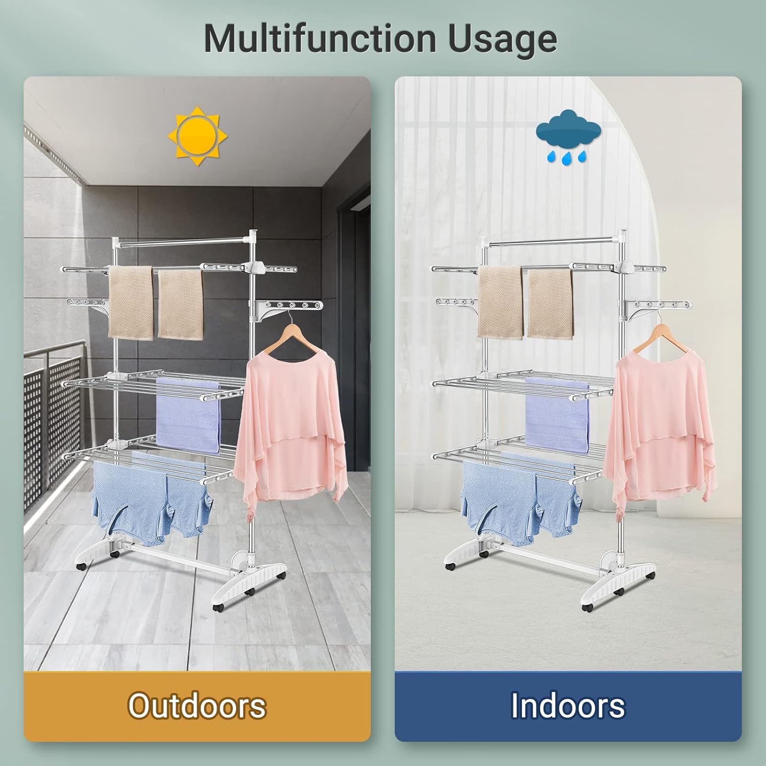 Todeco - Laundry Drying Rack, Clothes Airer - Material: Stainless steel tubes - Maximum load: 6.7 lbs per support bar - 3 shelves, White, with wings and top bar