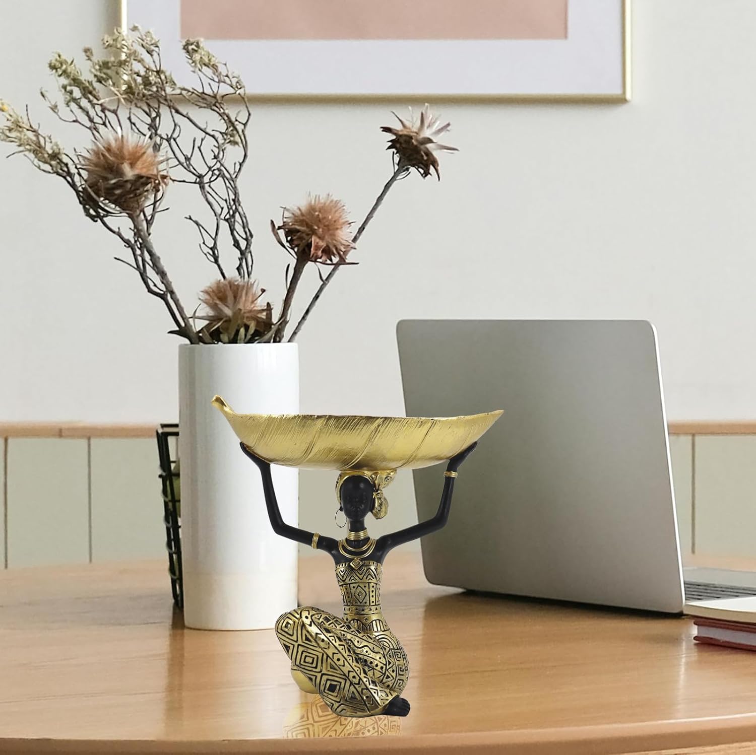 African Woman Sculpture with Gold Leaf Bowl, Handmade Resin Figurine, Exotic Tribal Art Statue for Living Room, Dining Table, or Entryway Decoration - Image 4