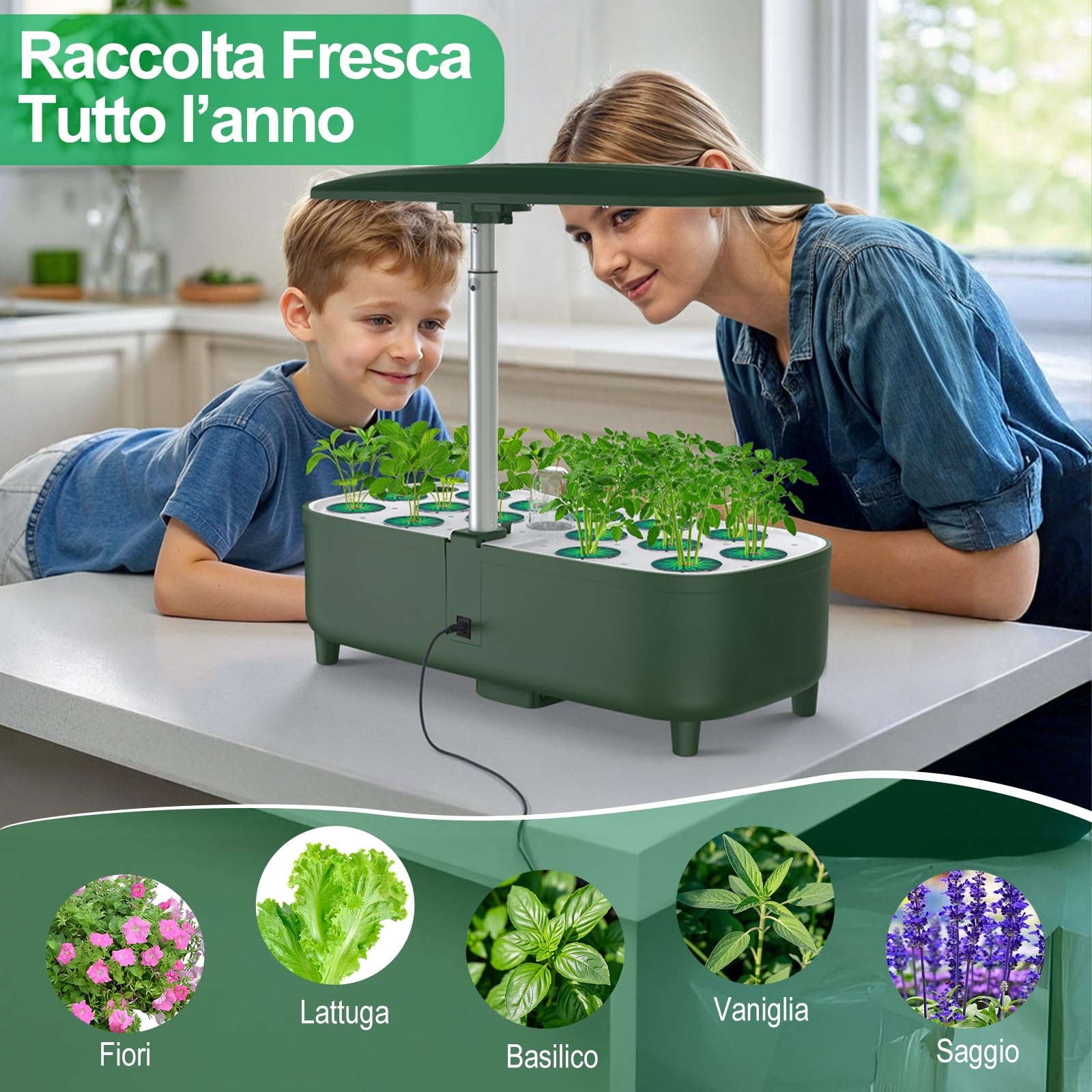 serra idroponica, kit giardino di erbe da interno, 15 baccelli, Smart Garden con timer automatico, con Luce di crescita LED a spettro completo, altezza regolabile fino a 20", serbatoio da 5L