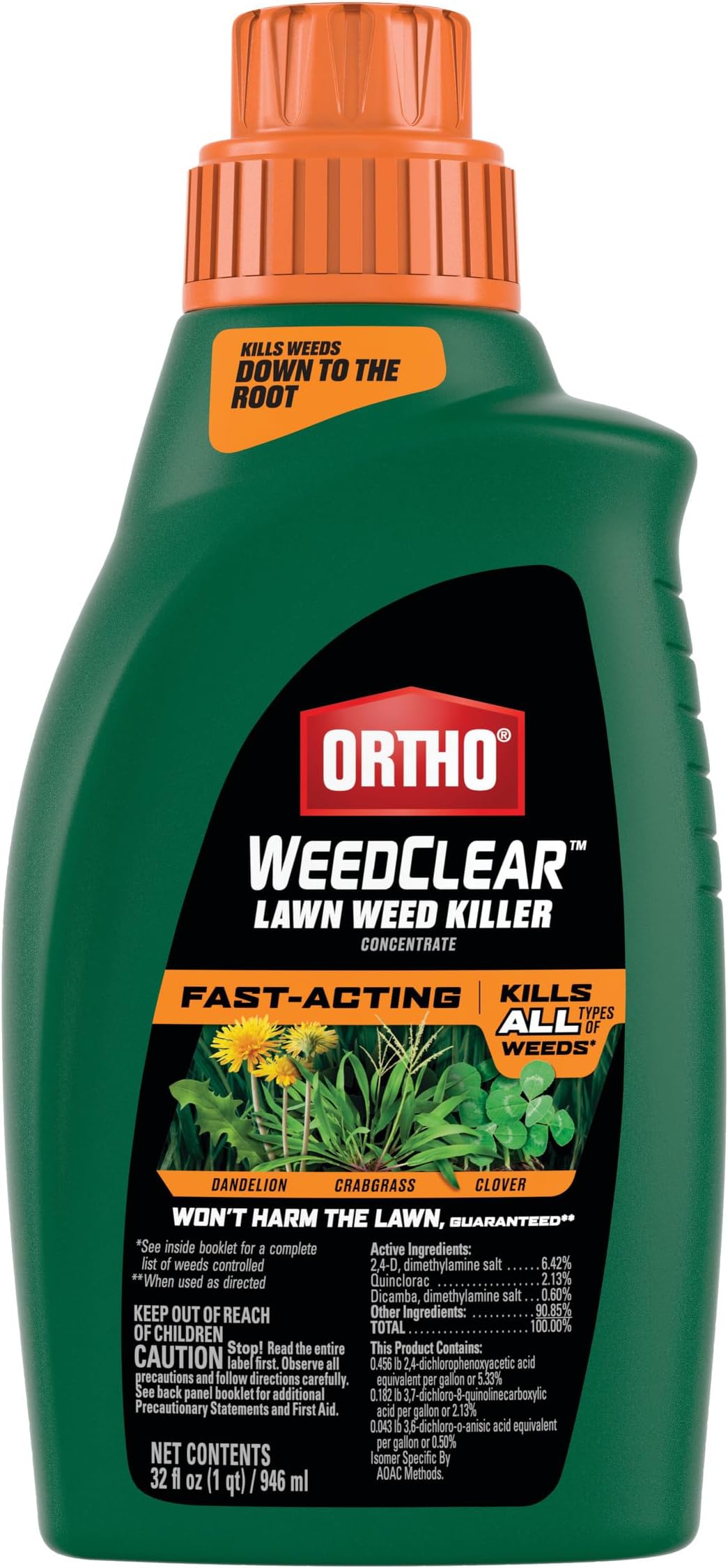 WeedClearLawn Weed Killer Concentrate - Fast-Acting, Kills Dandelion, Crabgrass and Clover to the Root, Won't Harm Lawns When Used as Directed, 32 oz.