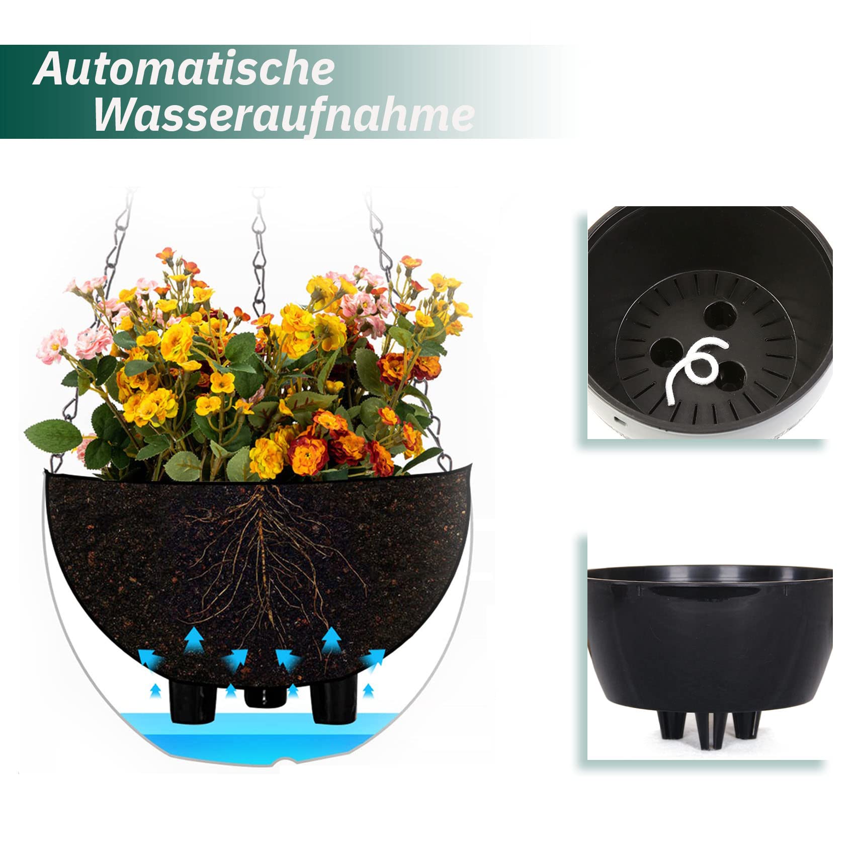 2 Stück Blumenampel Außen, Ø 35cm Selbstbewässerung Blumentopf Hängend, Hängeampel Outdoor Kunststoff, Hängeblumentöpfe mit Rostfrei Ketten, Hängeampeln für Draußen Innen Decken Pflanzen