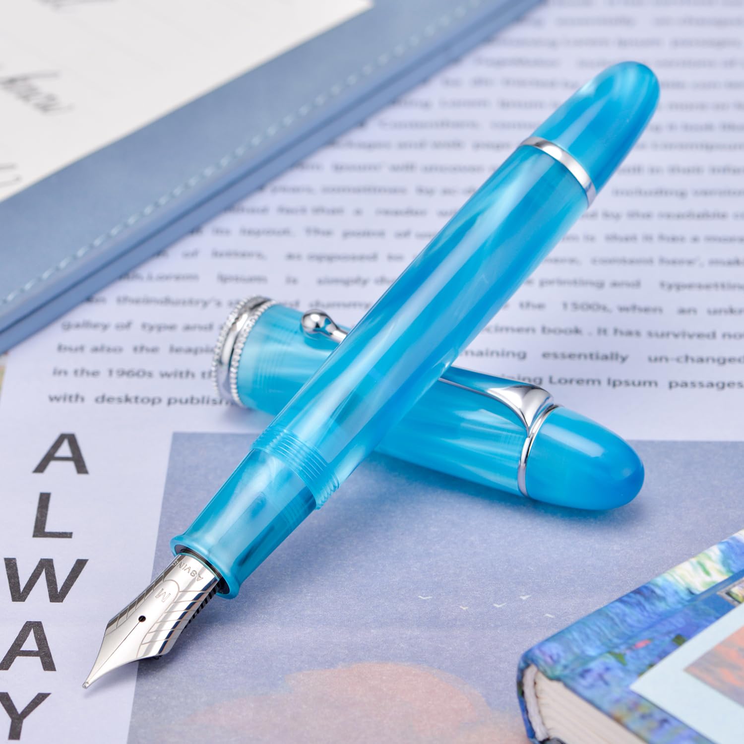 Asvine V800 - Penna stilografica con sistema di riempimento sottovuoto ad alta capacità - numero 8 liscio pennino medio con confezione regalo e chiave a brugola - Celeste