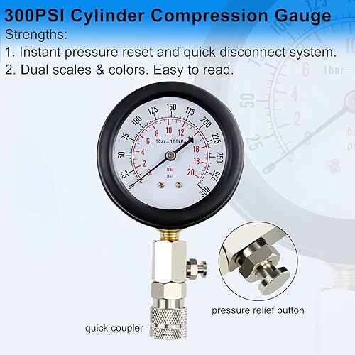 Miniatura 4 de JoyFans Probador de compresión de 0-300 PSI, herramienta automotriz, kit de prueba de presión del cilindro de motor de gasolina con adaptador de