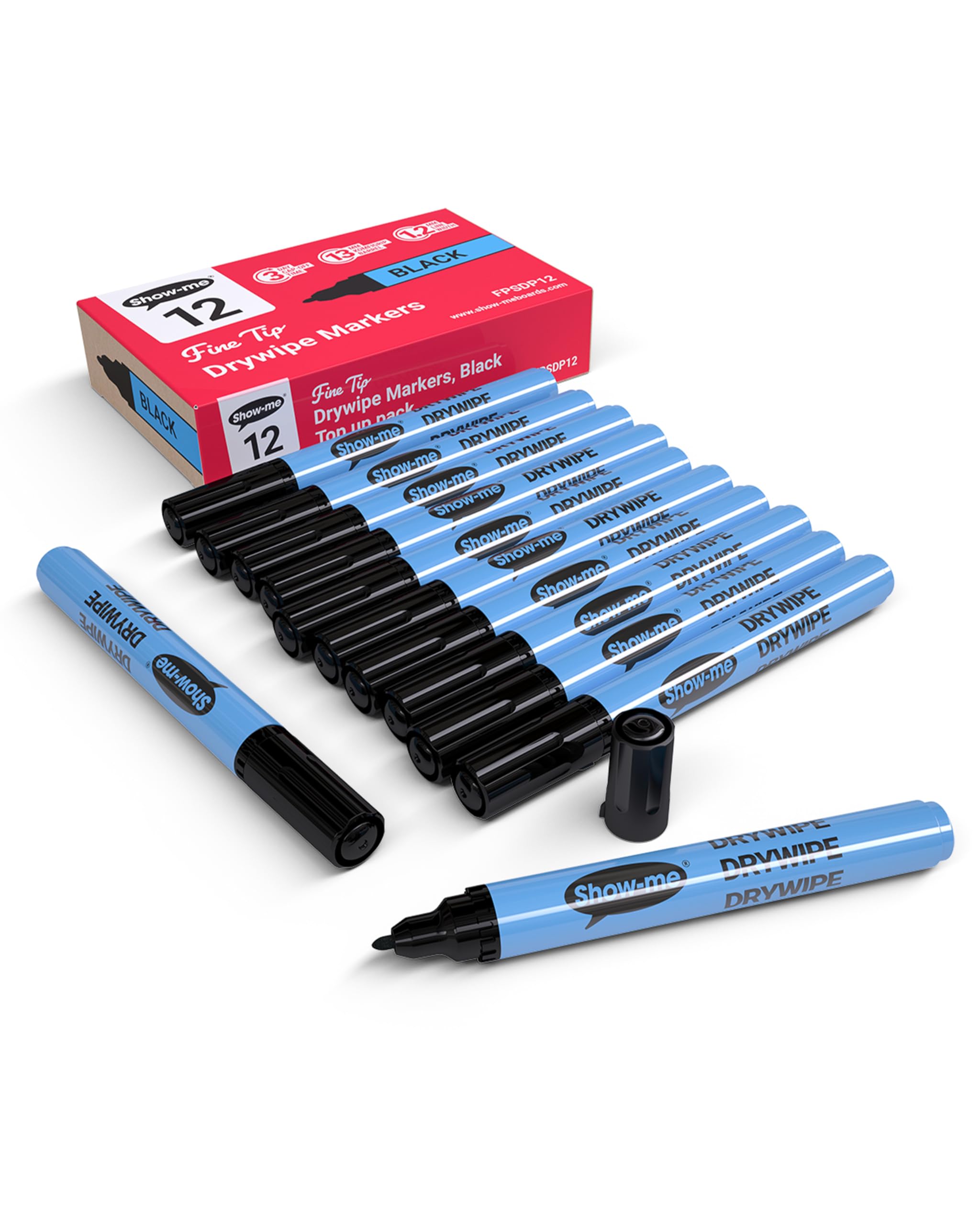 Show-me Box 12 Fine Tip Slim Barrel Drywipe Markers - Black FPSDP12