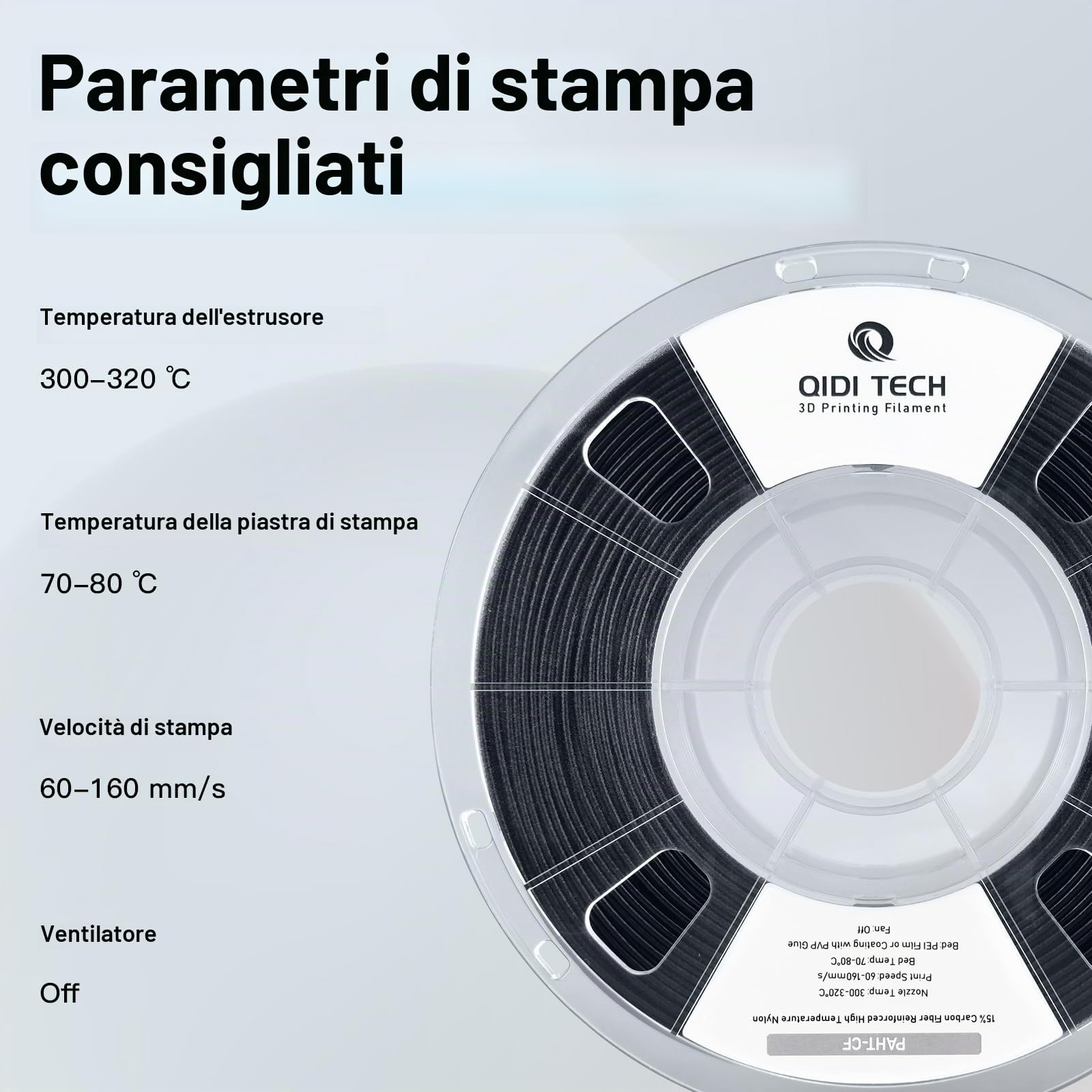 QIDI TECH PAHT-CF Filamento di nylon ad alta temperatura in fibra di carbonio 1,75 mm, bobina da 1 kg di filamento di stampa 3D, alta resistenza, alta precisione, nero