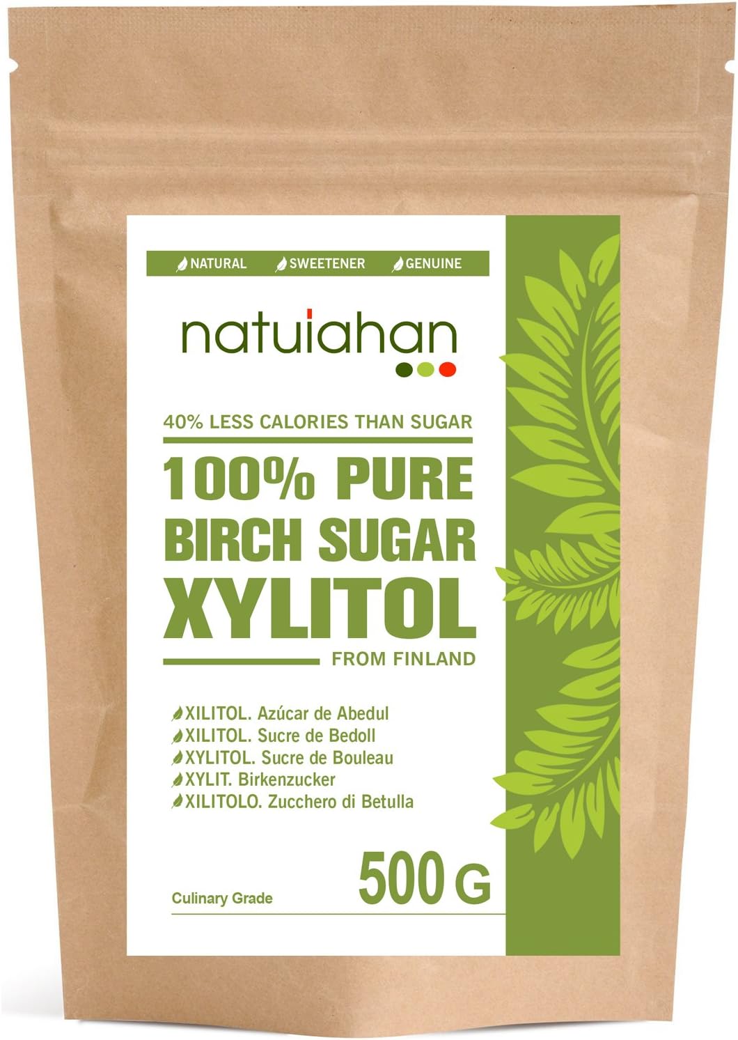 Natuiahan Xylitol 500 gr. Birch Sugar from Finland. 100% Natural Sweetener. Self-Sealing Container.