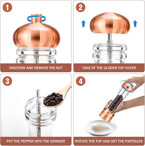 Miniatura 9 de Juego de molinillo de sal y pimienta dorado, molinillo de pimienta de madera, molinillo manual de sal y pimienta, grosor ajustable, parte superior