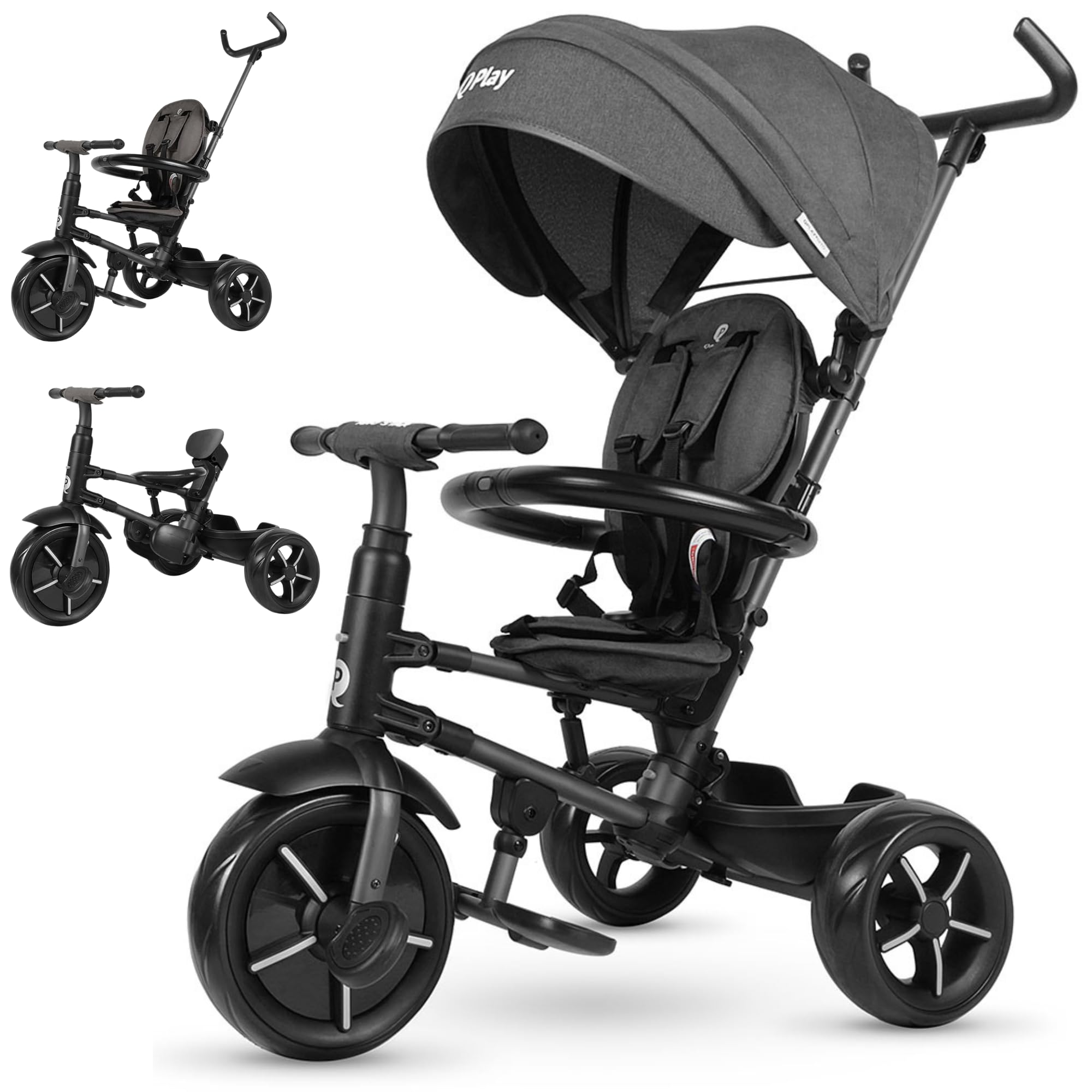Qplay Triciclo Evolutivo Rito Star Negro | Compacto, Plegable, con Capota Extensible y Freno – para Niños de 10 a 36 Meses
