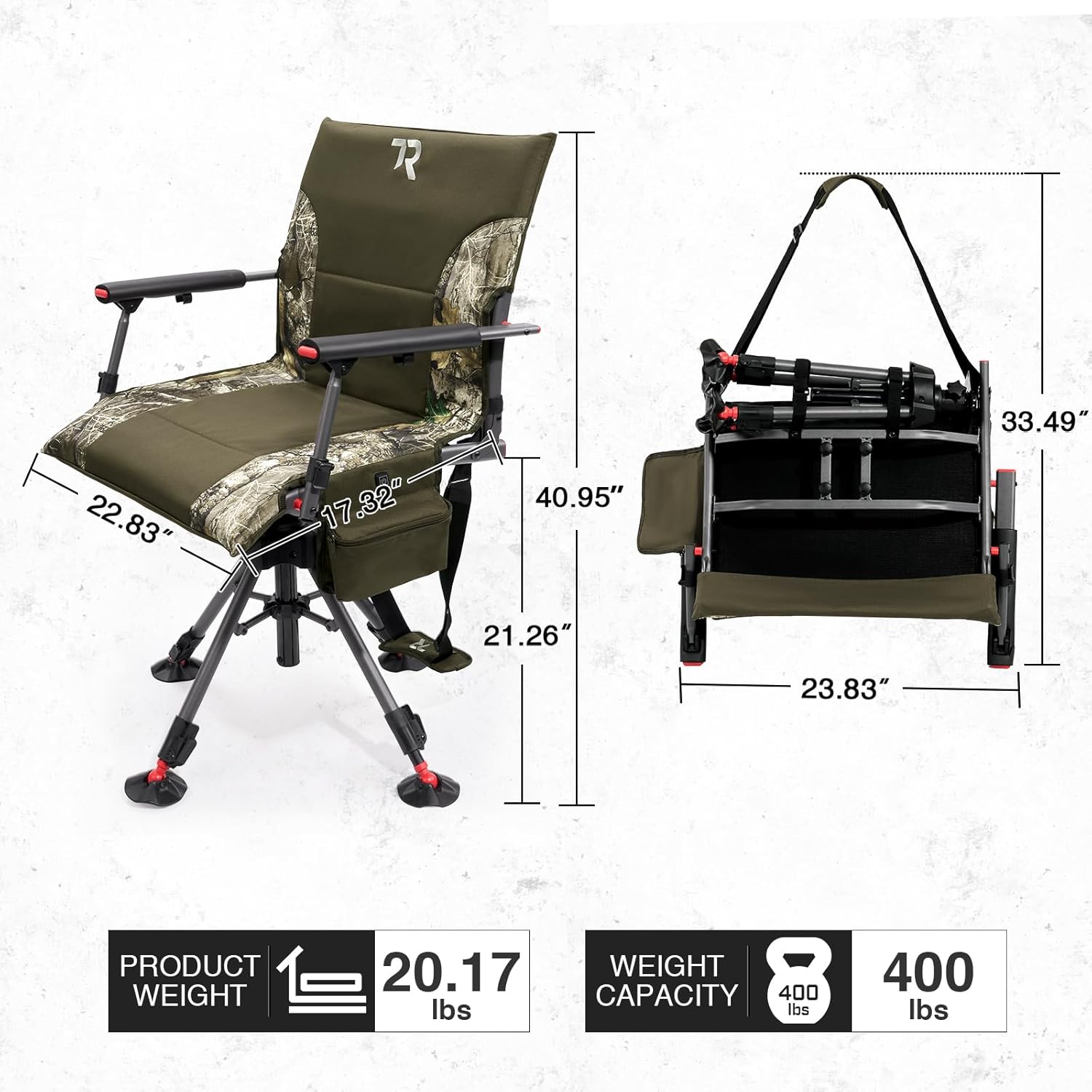 TR 360 Degree Swivel Hunting Heated Chair,400 lbs Capacity Silent,4 Legs Height Adjustable,Comfortable Padded Seat,Portable Ground Hunting Chair for Deer Dove Hunting Heated-Armrest-4 Adjustable-No Battery