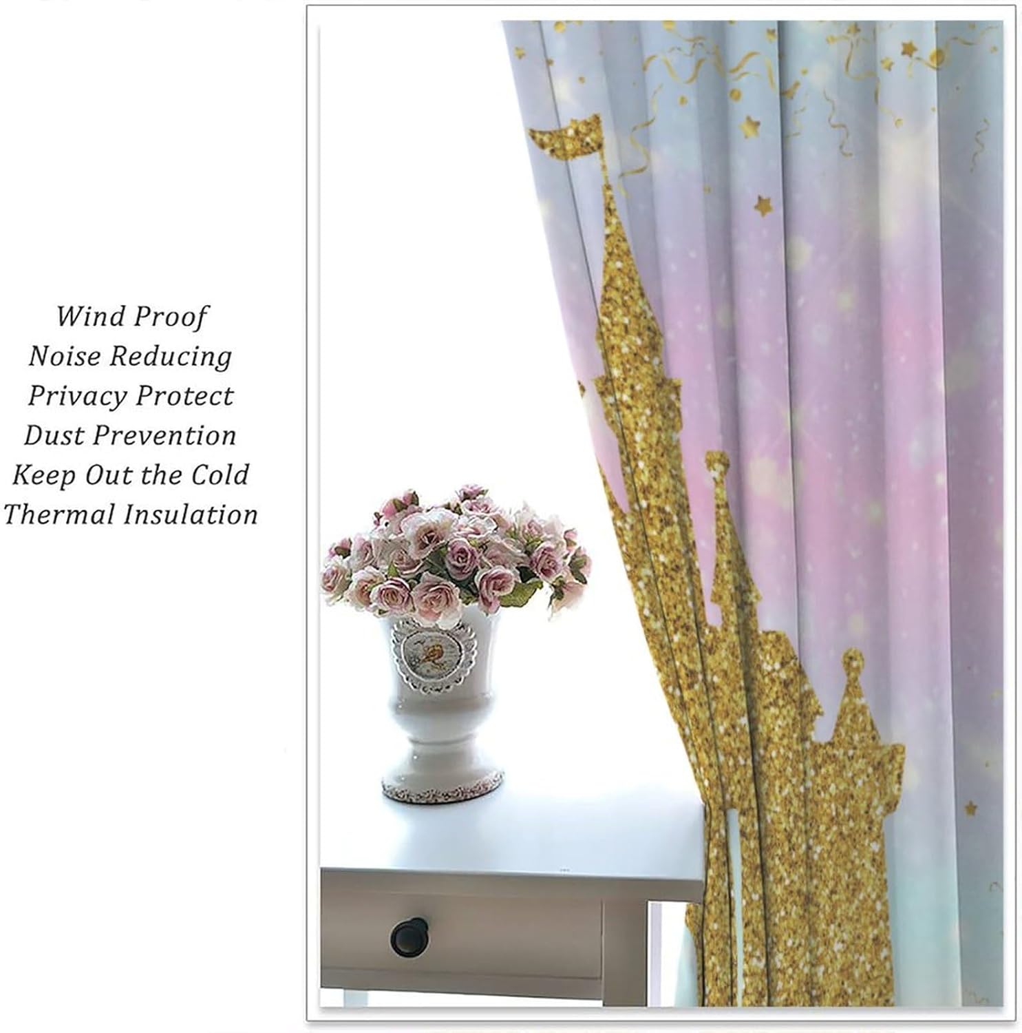 Princess Castle Curtains, Watercolor Pastel Rainbow Gold Glitter Fairy Tale Castle Print Blackout Window Treatments for Kids Girls Bedroom Living Room Party Decor, 42" W X 45" L