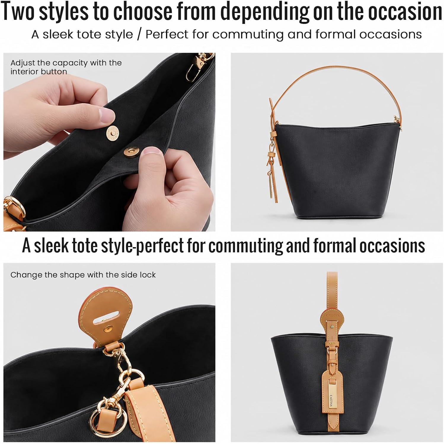 Tote Bag for Women，4-Way Vegan Leather Bucket Purse Top Handle Handbag Shoulder Crossbody Bag with Detachable Small Purse