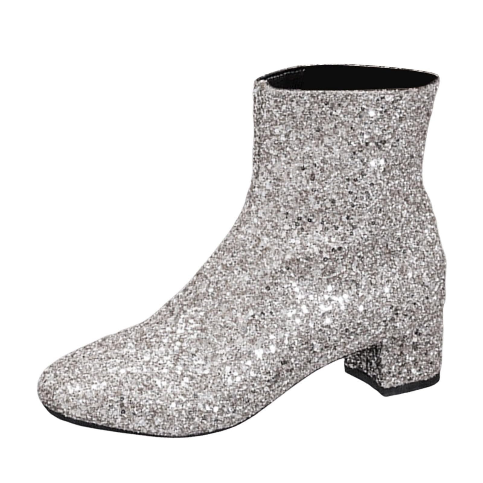 Botas para mujer con lentejuelas y tacón ancho de estilo británico moderno 8