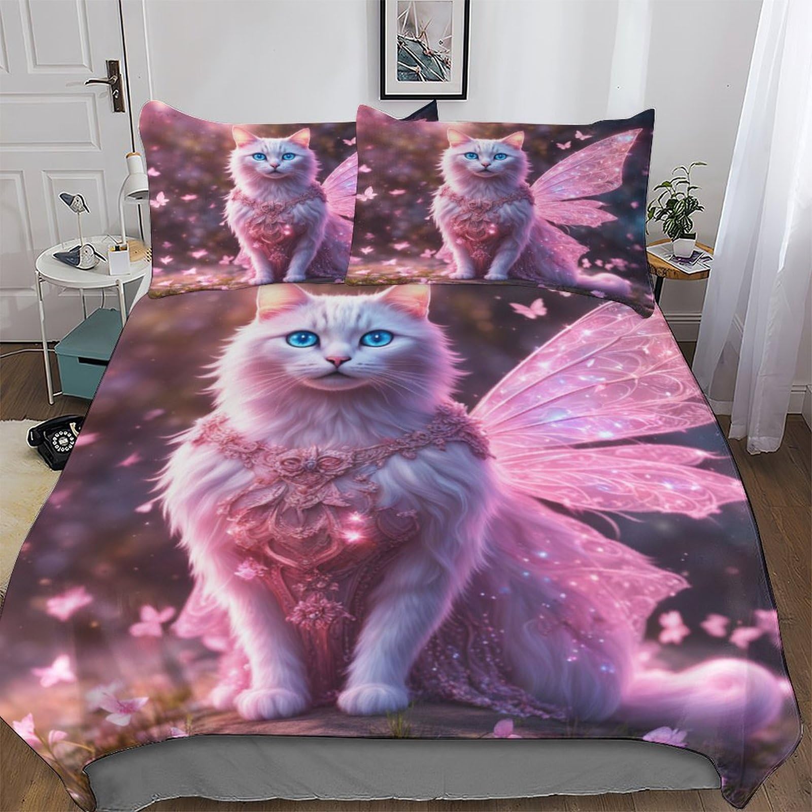 Cute Cat Microfiber Duvet Cover Set 2 PCs Polyester-Cotton Quilt Cover Bedding Set With Pillow Cases Machine Washable Anti Allergic Comforter Cover For Boys Girls Single (135x200cm)