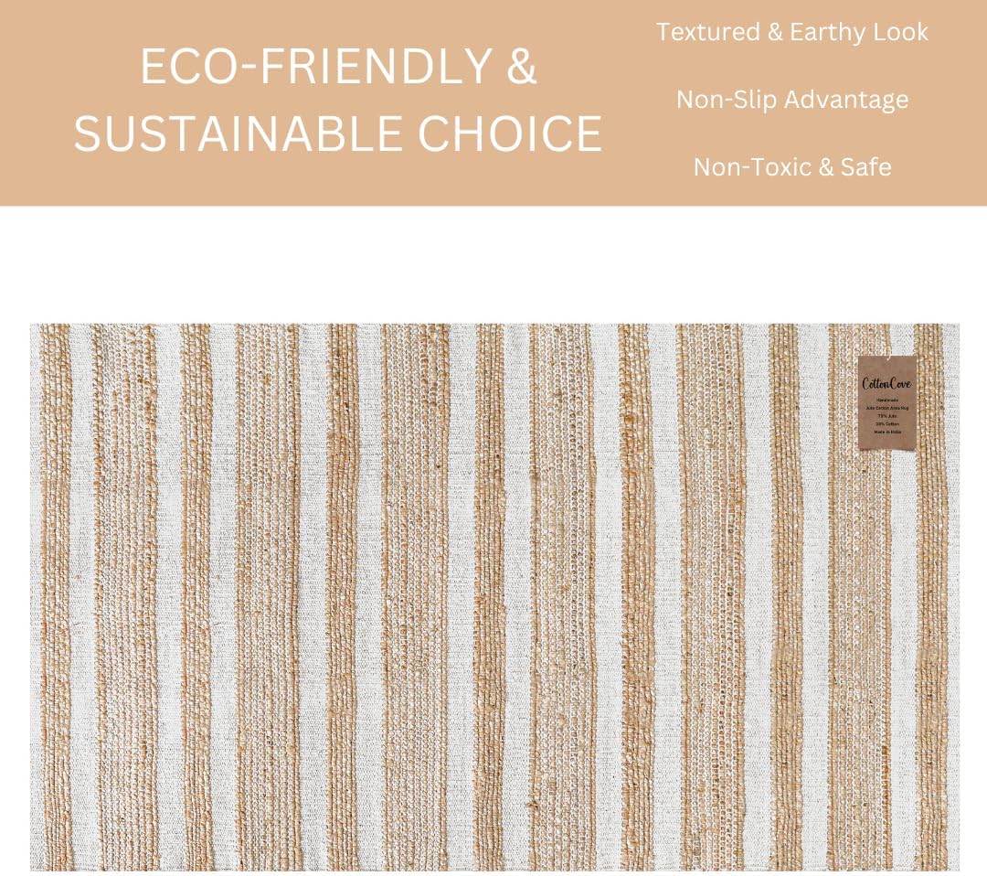 Area Rug Farmhouse 3x5 Feet - Hand Woven Jute Cotton Rug Bohemian Rustic Vintage - Non Slip Floor Rug for Bedroom Living Room Kitchen Dorm Entryway Hallway - Area Rug Natural White