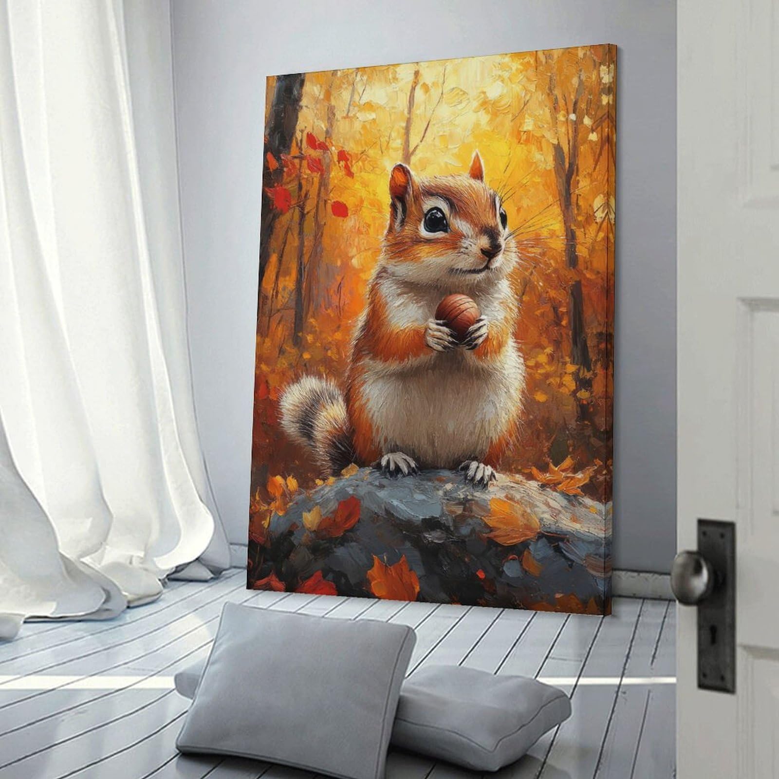 Junmoney Frame-Style-10 Decorative Wall Artwork Autumn Squirrel With Nut, 20X30inch(50X75cm), For Sofa Walls, Lounge Or Home Corners, Modern Wall Decor For Cosy Interiors