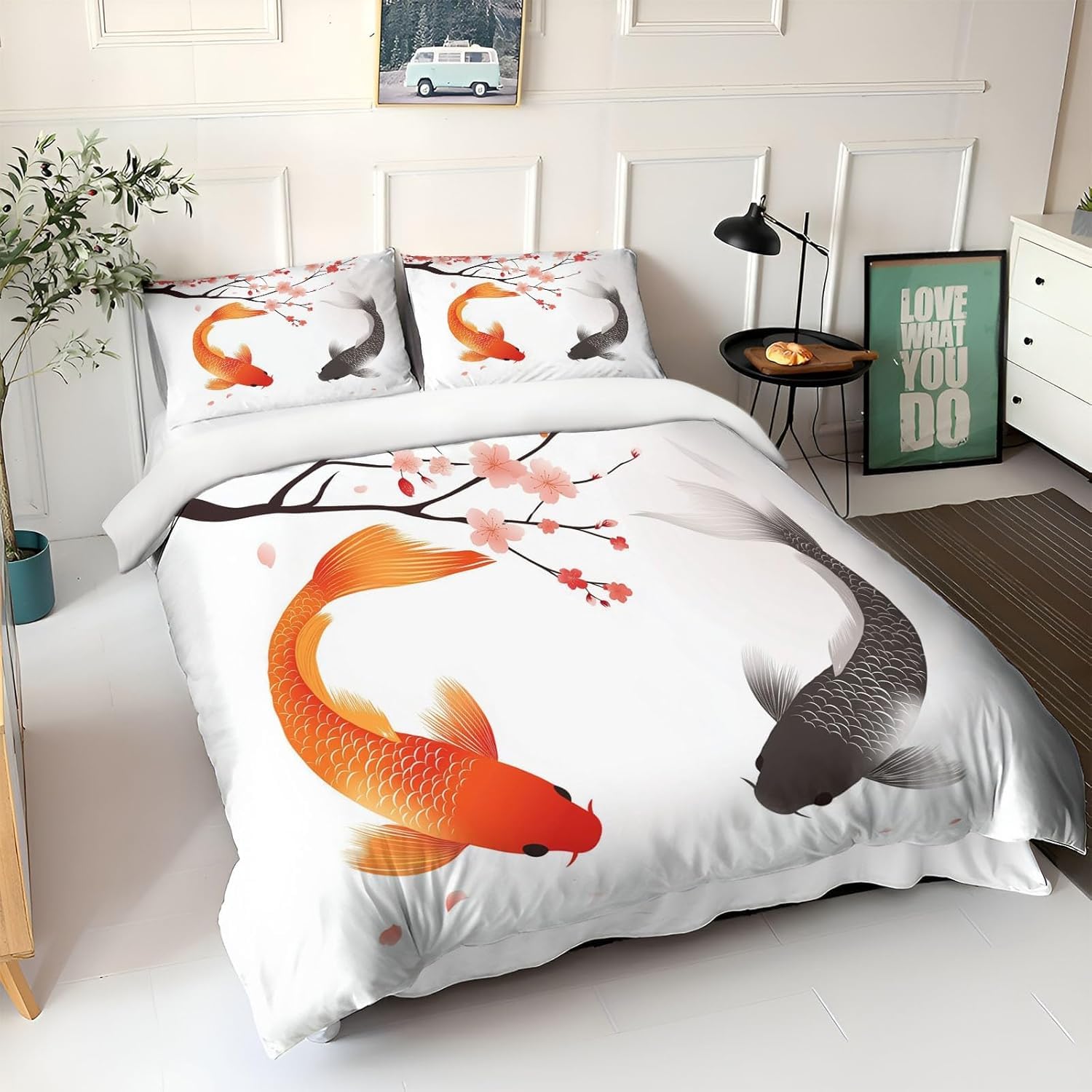 Poszwa na kołdrę 180 Ryby i Śliwy Kwiat Miękka mikrofibra Pościel 3 szt. Poszewki na kołdry 3D Obraz tuszem Chiny Edredon 240x260 cm i 2 poszewki na poduszki 50x75 cm d.2800
