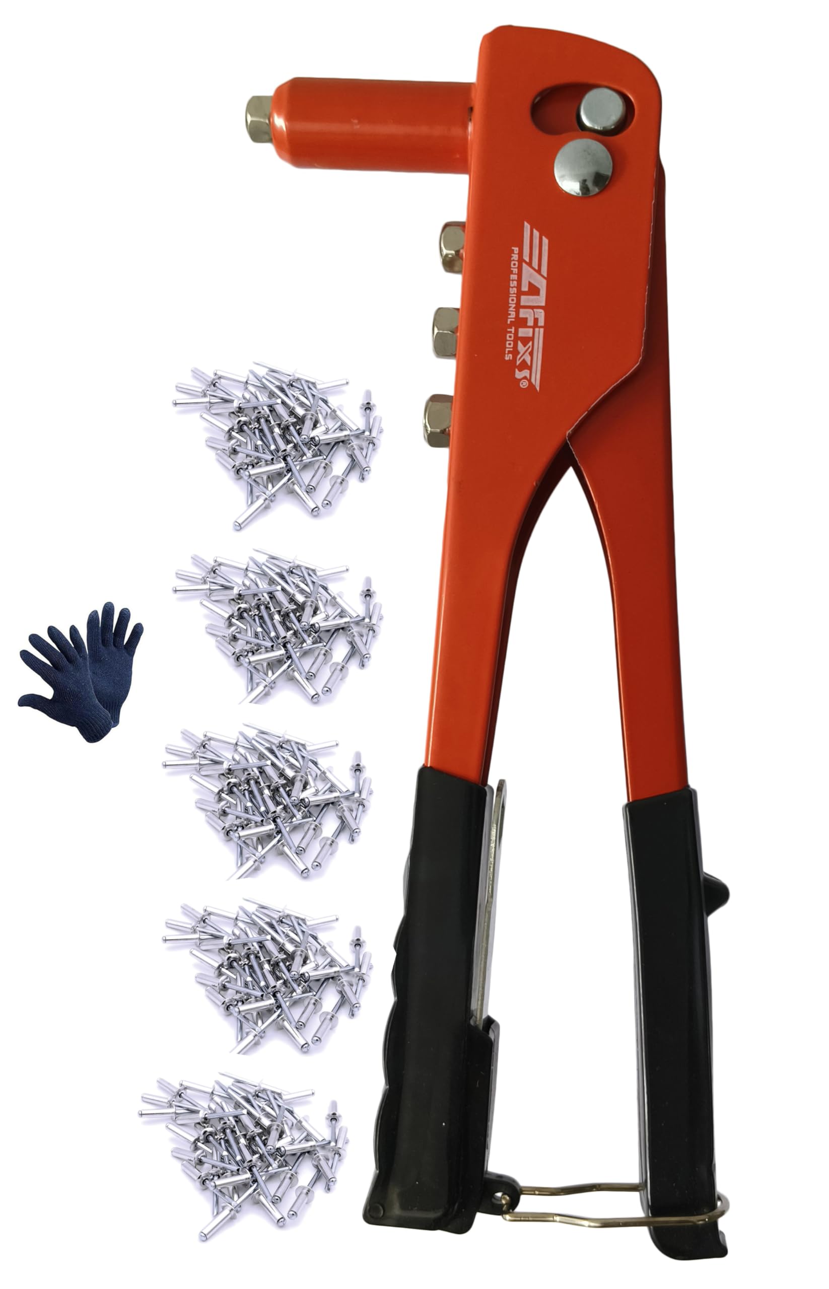 Inditrust Hand operating Professional orange/Yellow Riveter gun and 5 type 50pcs rivets Glove