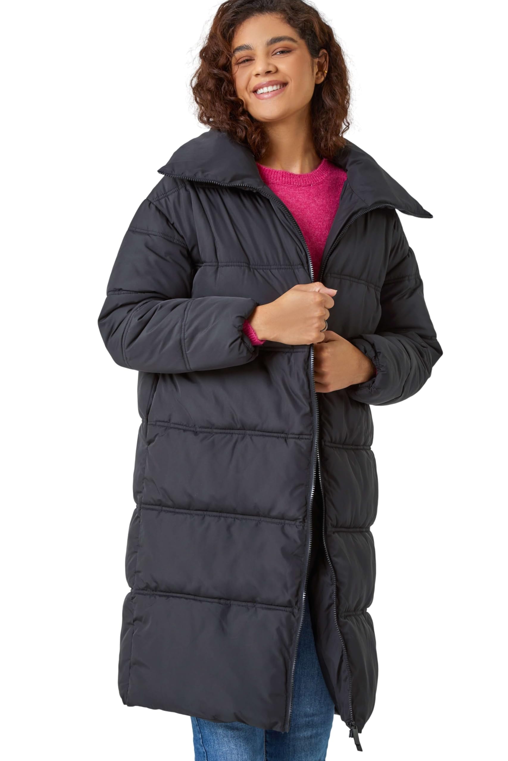 Roman Originals Women's Black Roman Longline Padded Coat For Uk - Autumn Everyday Winter Holiday Funnel Neckline Comfy Soft Evening Vacation Work Party Night Out - Size 10