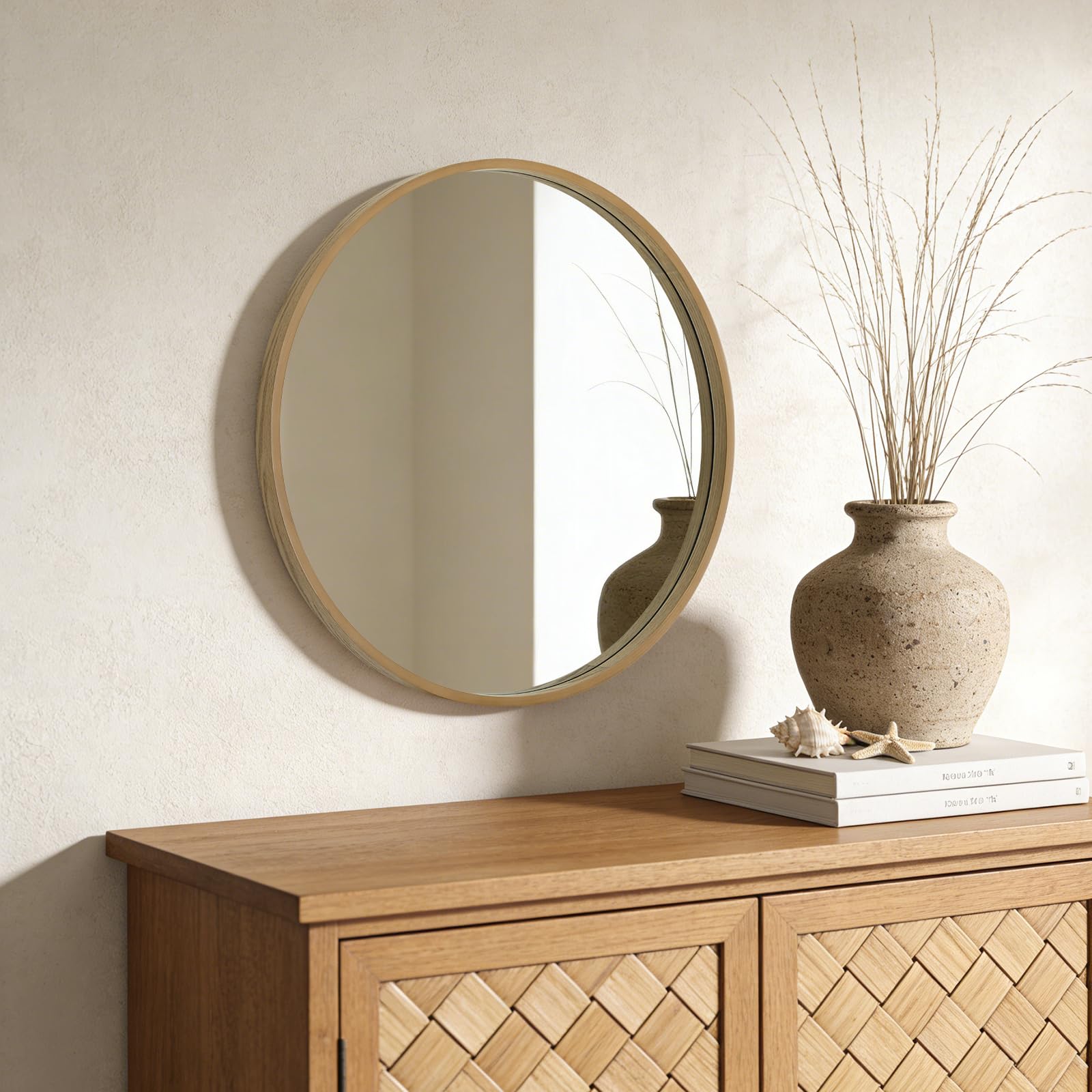 WallBeyond Specchi rotondi per decorazione da parete, specchio decorativo con perline incorniciate, decorazione per la casa, ingresso, soggiorno, camera da letto, 61 cm, naturale