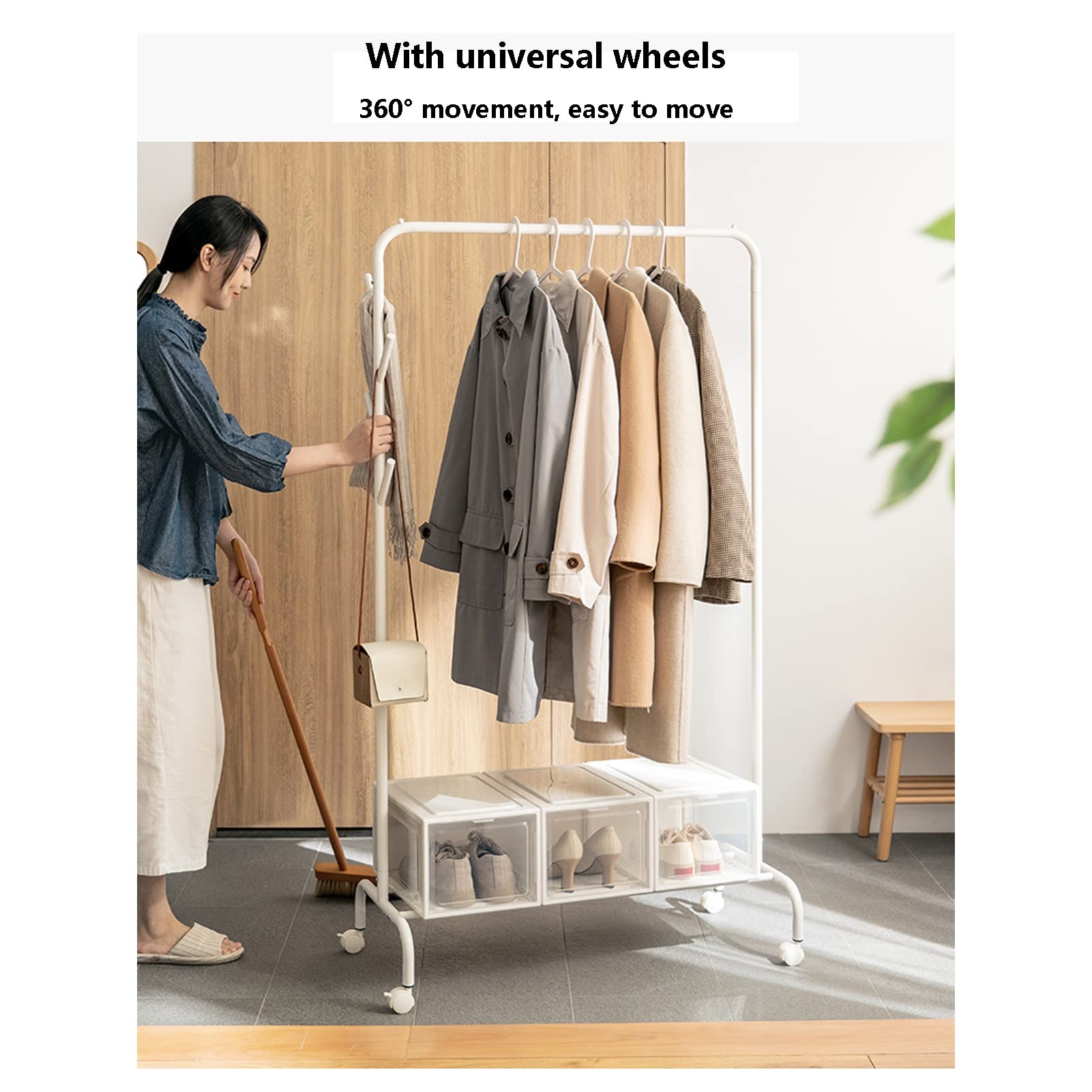Heavy Du Metal - Appendiabiti autoportante Hanr con ripiano Sto e 4 rotelle, appendiabiti multifunzione per camera da letto e ingresso, bianco, 86 cm